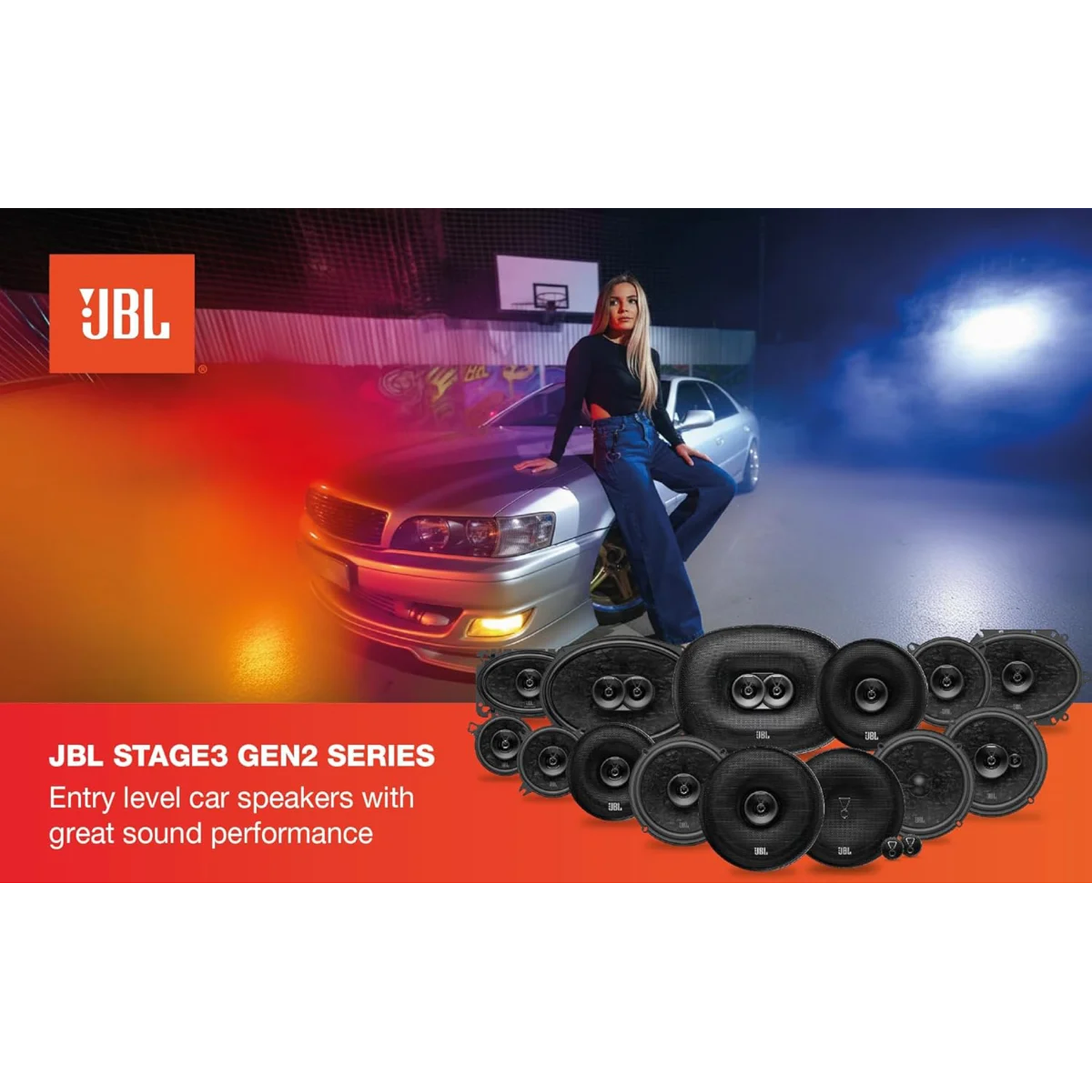 JBL logo, woman leaning on car, and various car speakers displayed.