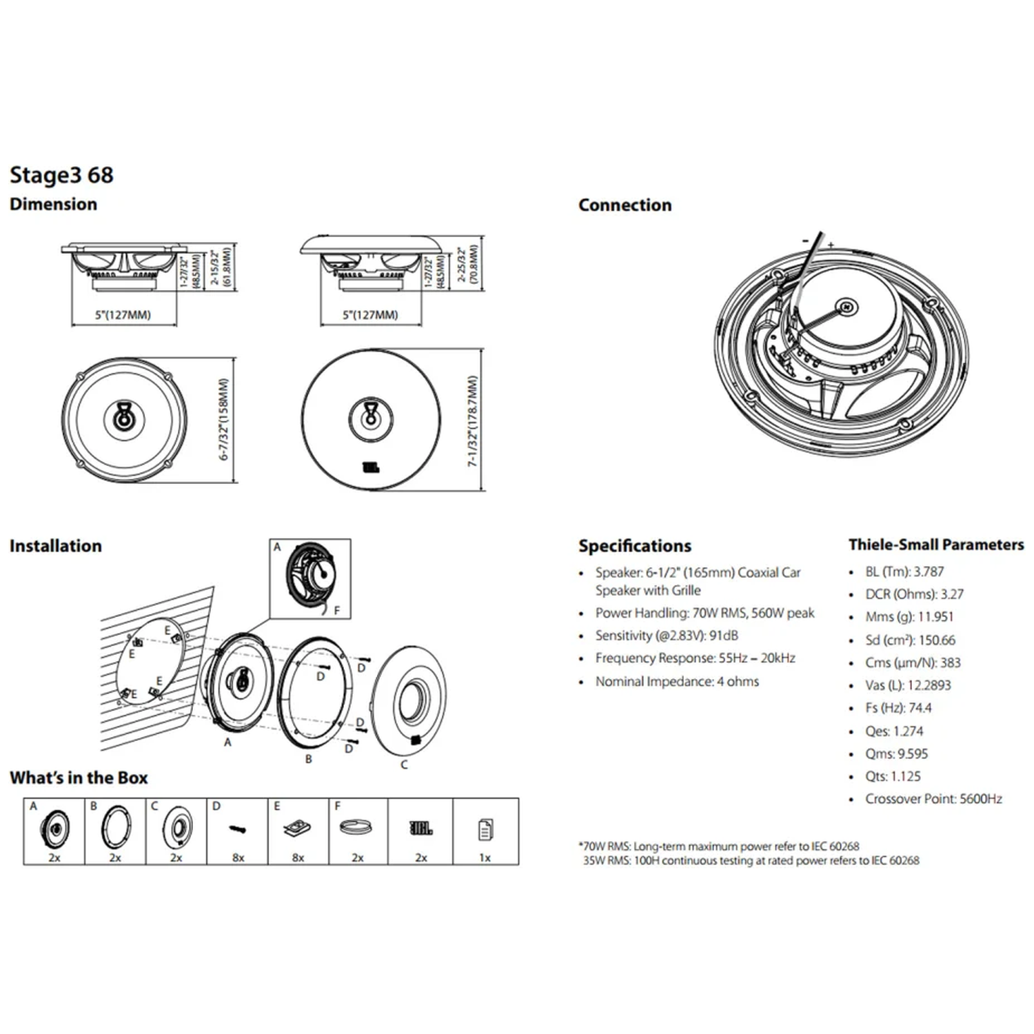 Dimensions and specs for Stage3 68 speakers, connection, installation, and box contents.