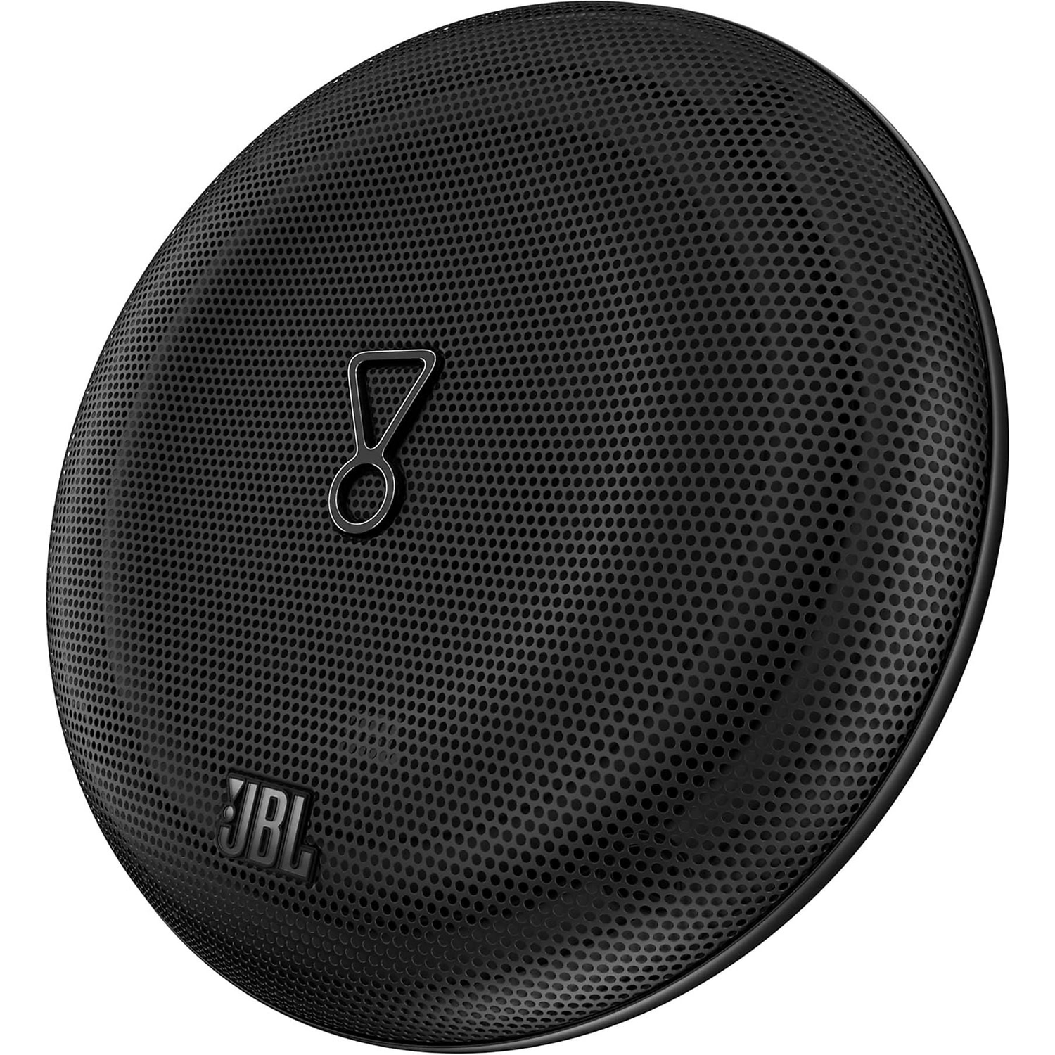 Zwarte, ronde luidspreker met JBL-logo en handvat.