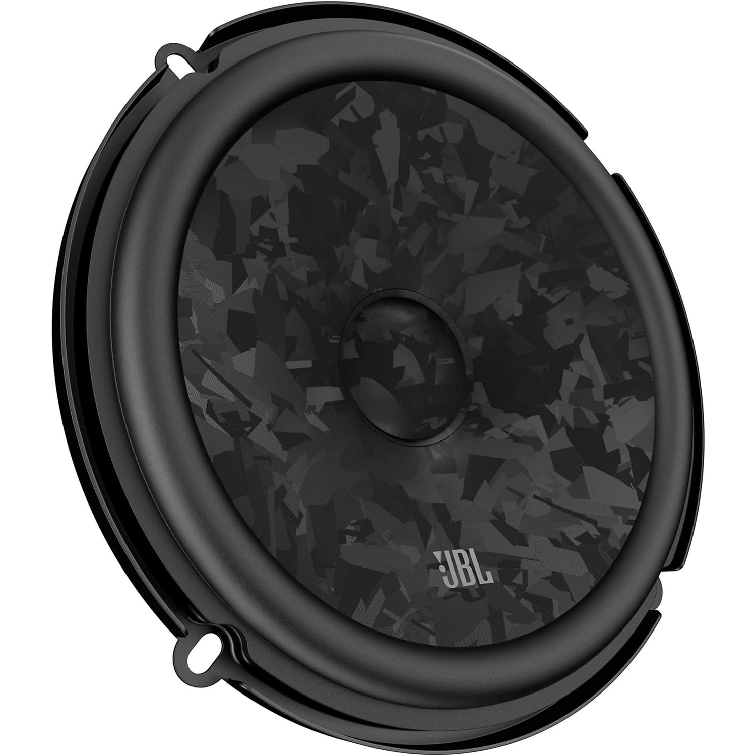 Zwarte luidspreker met JBL-logo en grijs camouflagepatroon.