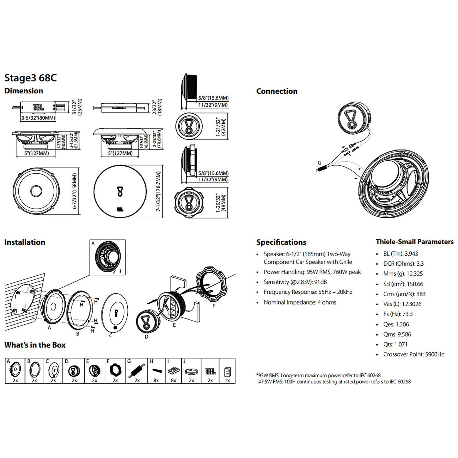 Diagram van luidsprekercomponenten, afmetingen, aansluiting en specificaties.