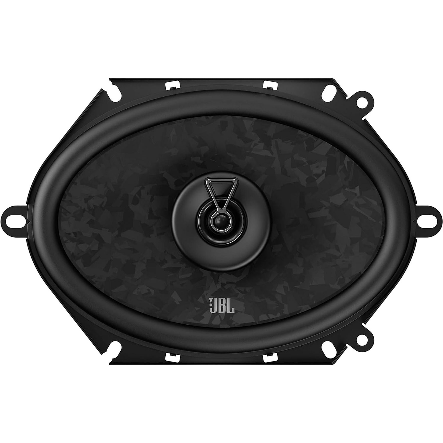 Oval black JBL speaker with gray pattern and silver ring.