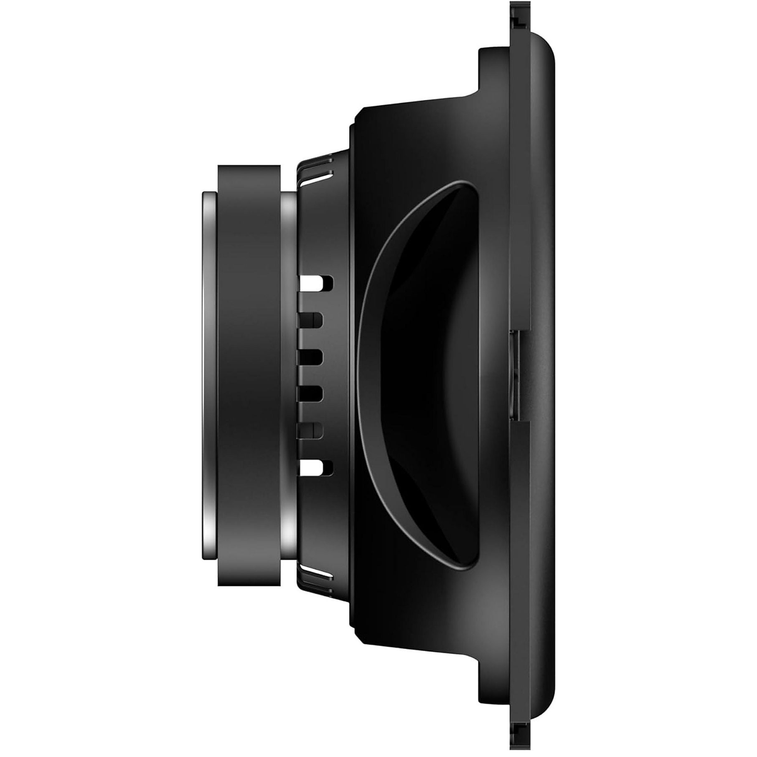 A black speaker shown from the side, focusing on its design.