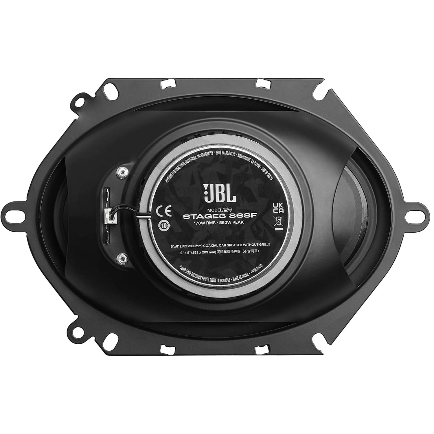 A black JBL 6x8 inch coaxial car speaker without a grille, model Stage3 868F.