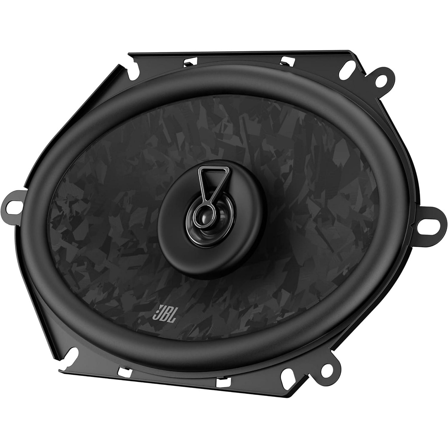 An oval black speaker with JBL logo and composite pattern.
