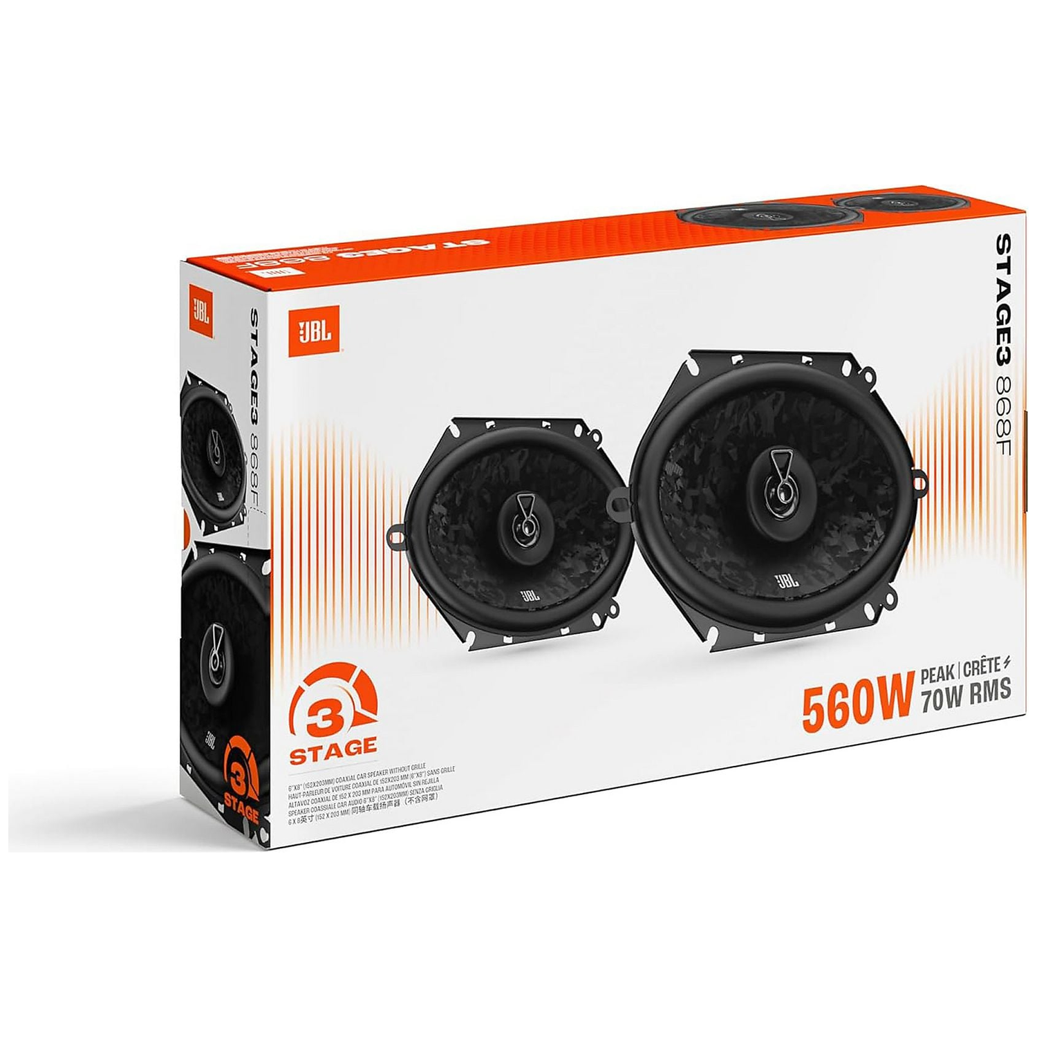 Box of JBL Stage3 868F 6x8 inch coaxial car speakers, 560W peak power.
