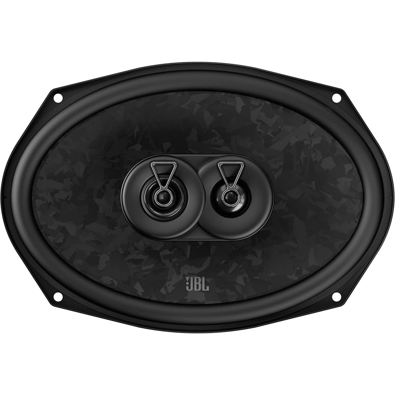 Een zwarte ovale luidspreker met twee tweeters en JBL-logo.
