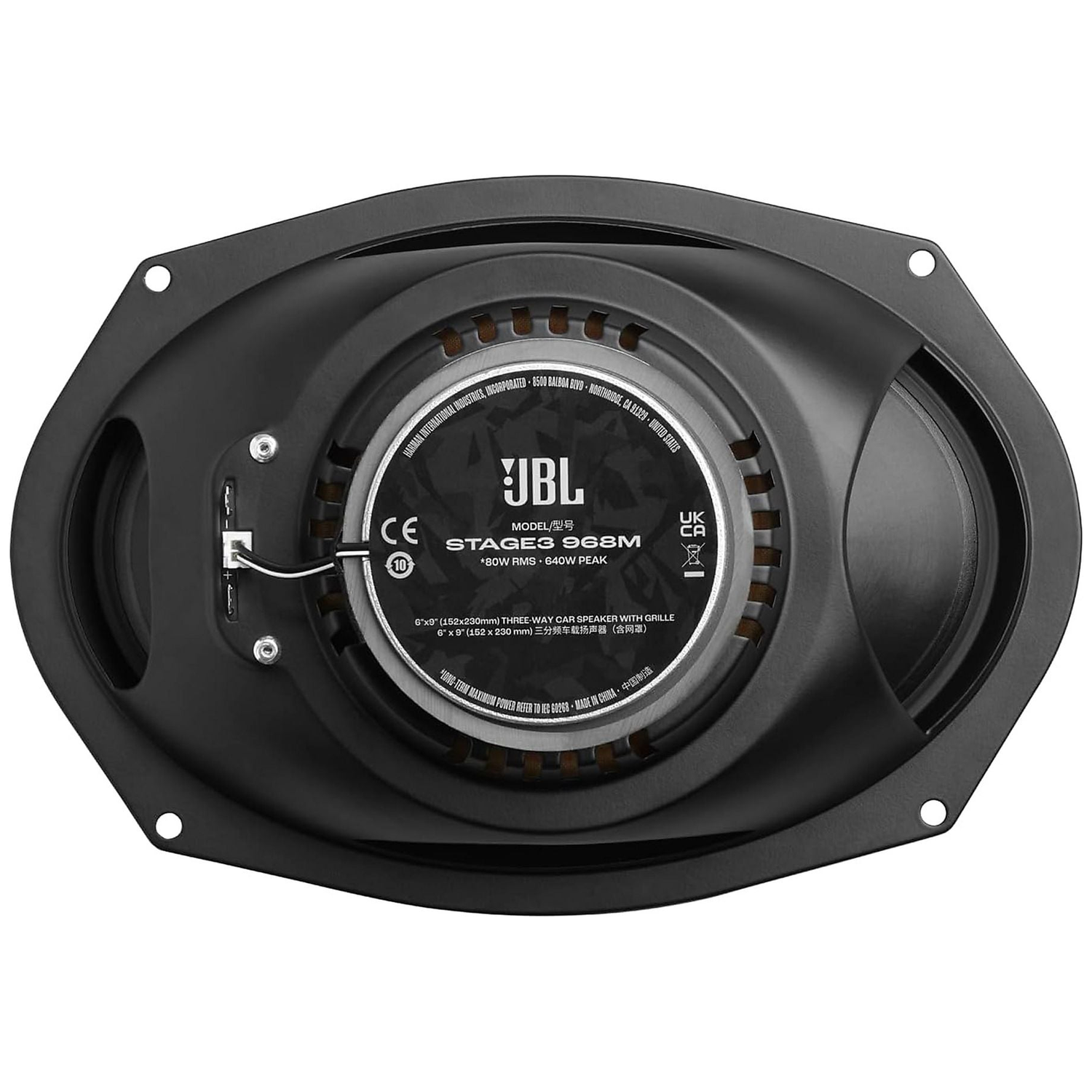 Zwarte 6x9 JBL 3-weg autoluidspreker met zilveren logo en CE-markering.