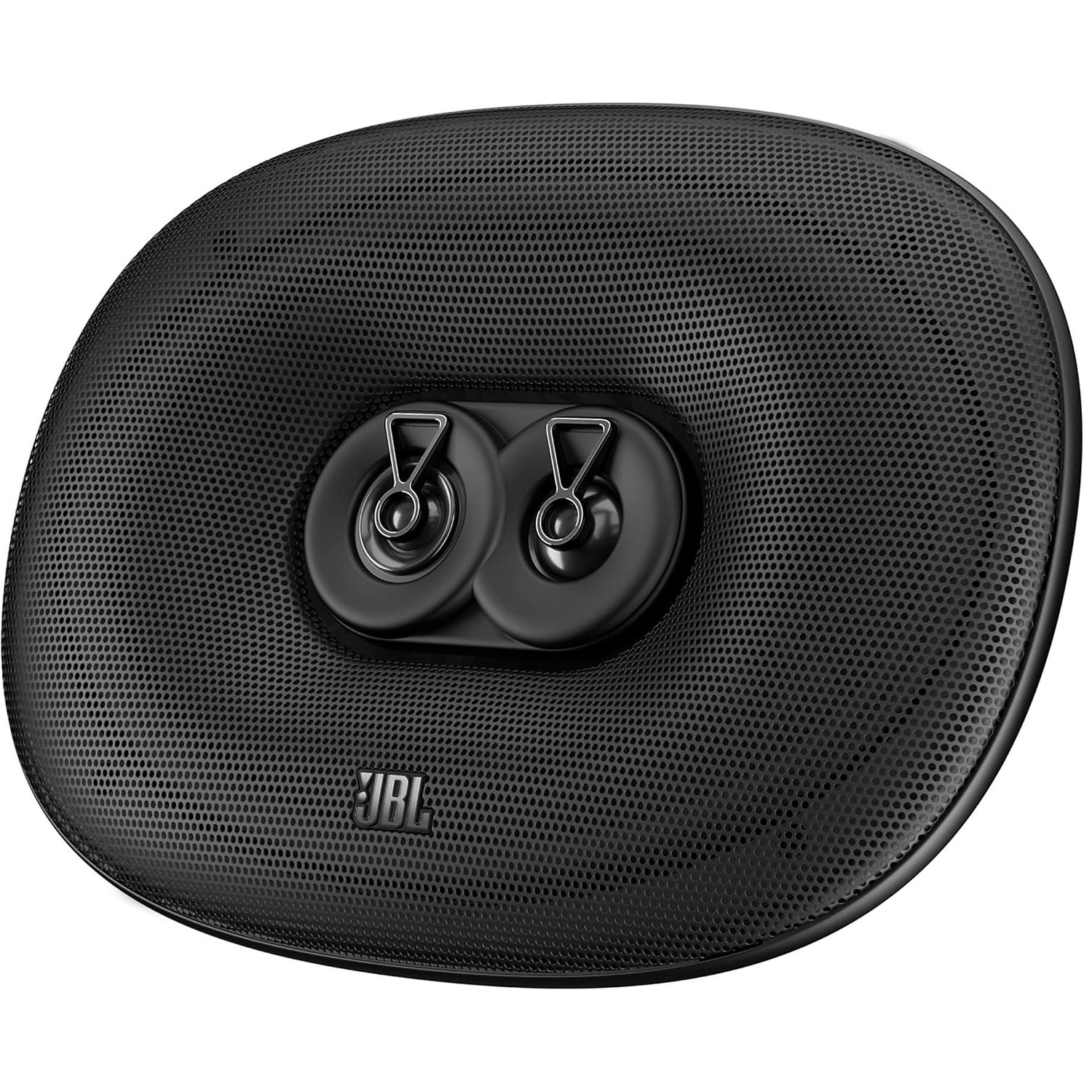 Een zwarte ovale luidspreker met twee tweeters en een JBL-logo.