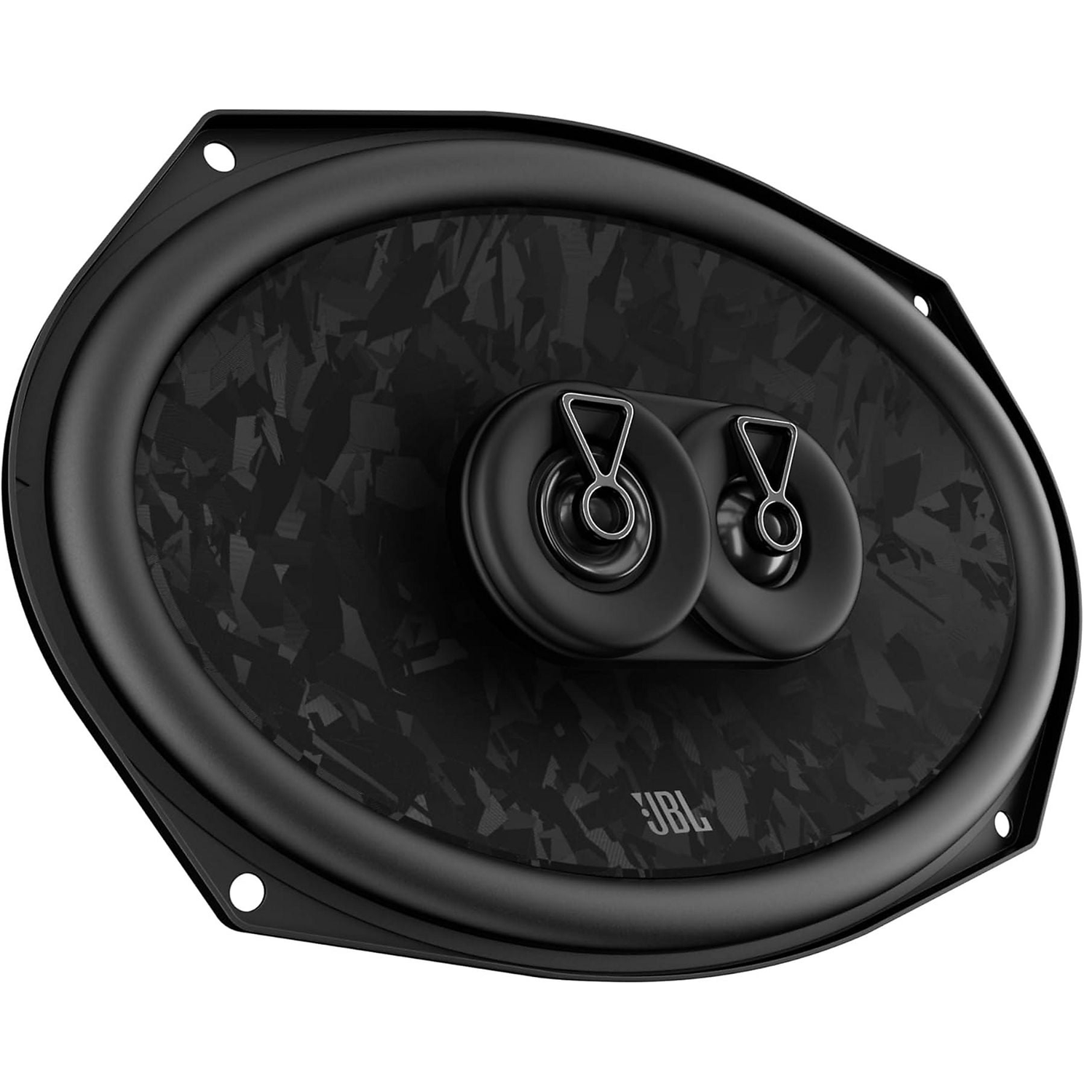 Zwarte ovale luidspreker met twee tweeters en JBL-logo.