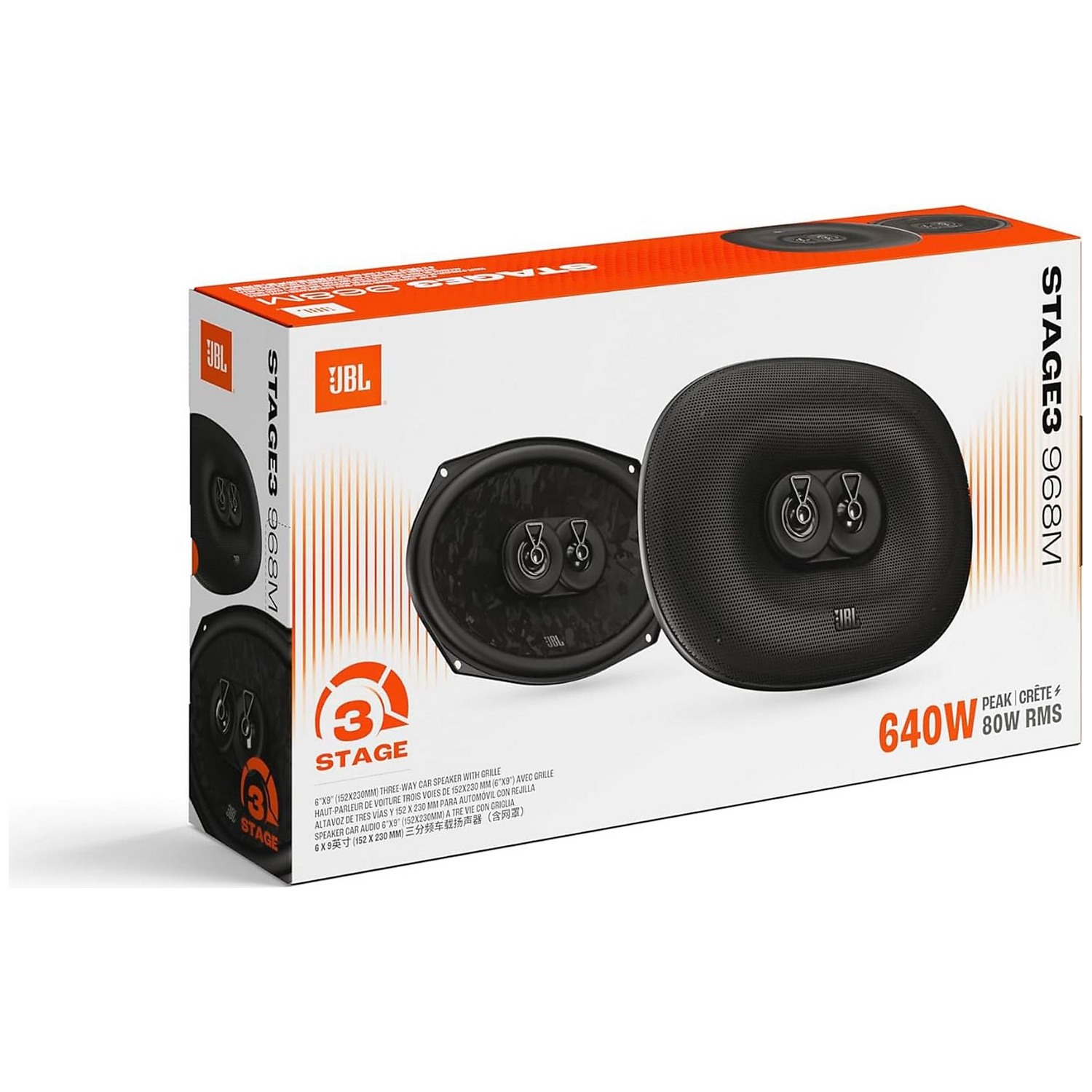 JBL Stage3 968M auto luidsprekers op doos. Piek 640W, RMS 80W. Inclusief twee ovale luidsprekers.
