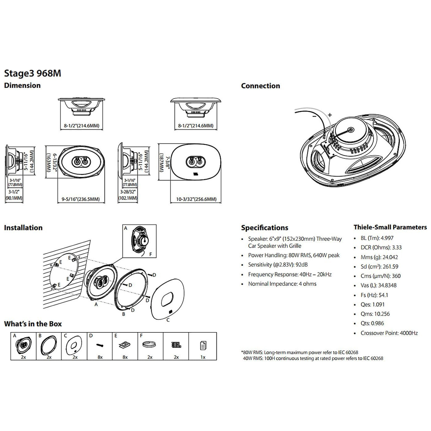 Diagram van de Stage3 968M luidspreker met afmetingen, aansluiting, installatie en specificaties.