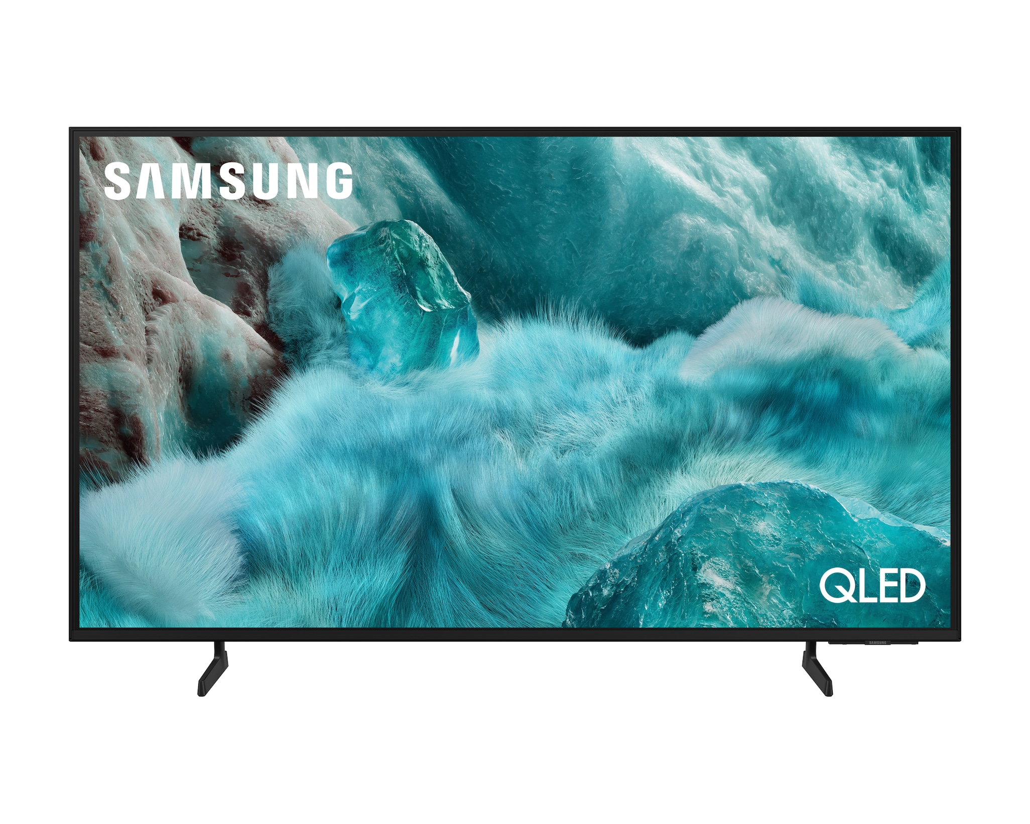 Telewizor Samsung QLED wyświetlający abstrakcyjne niebiesko-białe tło.