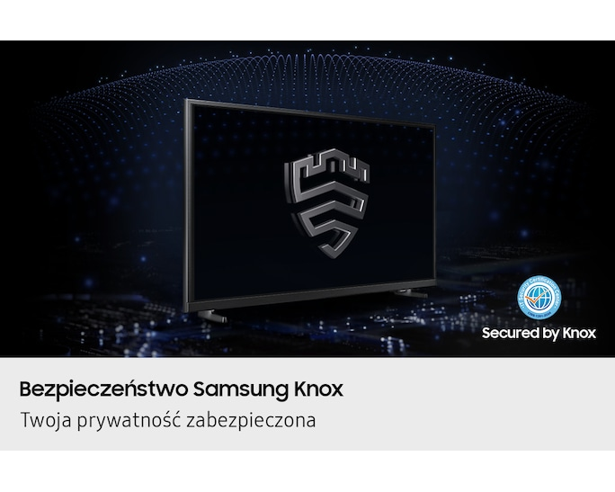 Telewizor Samsung z logo Knox i niebieskim certyfikatem.