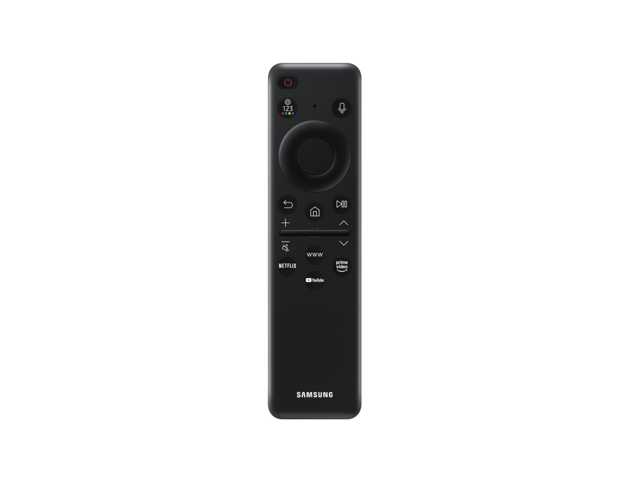 Czarny pilot Samsung TV z przyciskami i logami Netflix/YouTube.