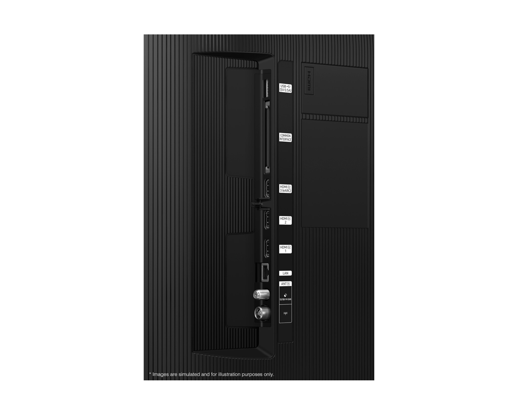 Tył telewizora z portami: USB, HDMI, LAN, antena.