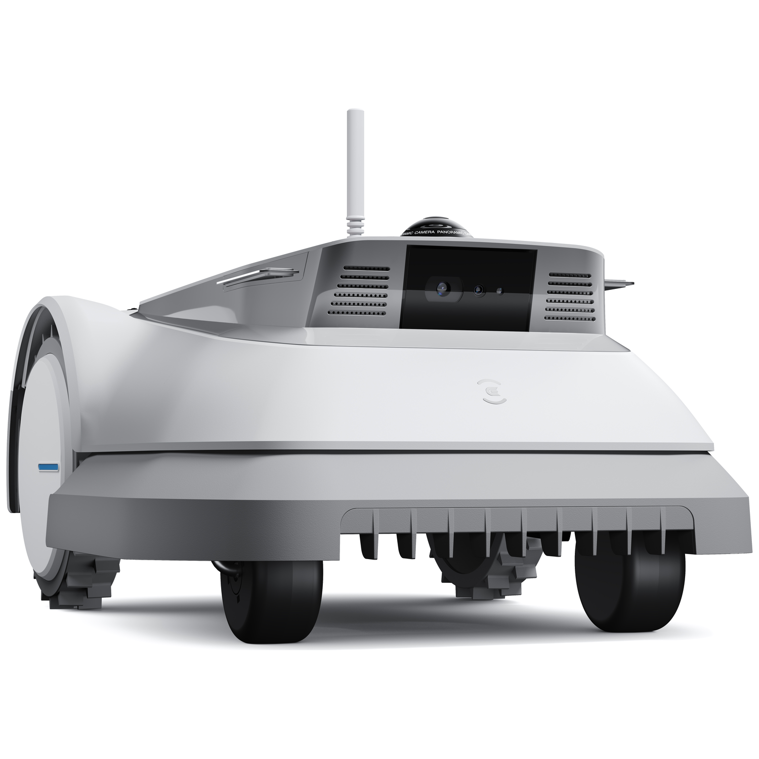 Een witte autonome robot met camera en antenne op witte achtergrond.