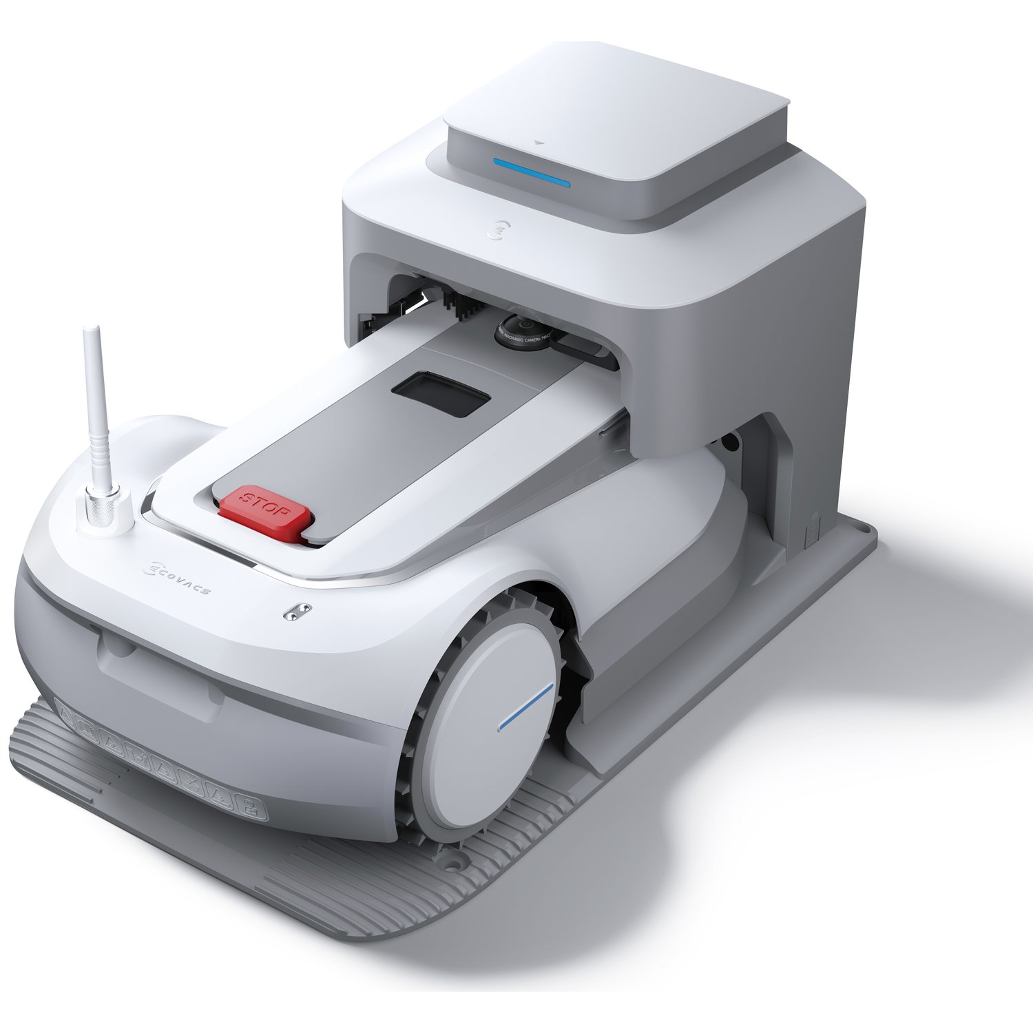 Een witte en grijze robotstofzuiger met rode stopknop en antenne.