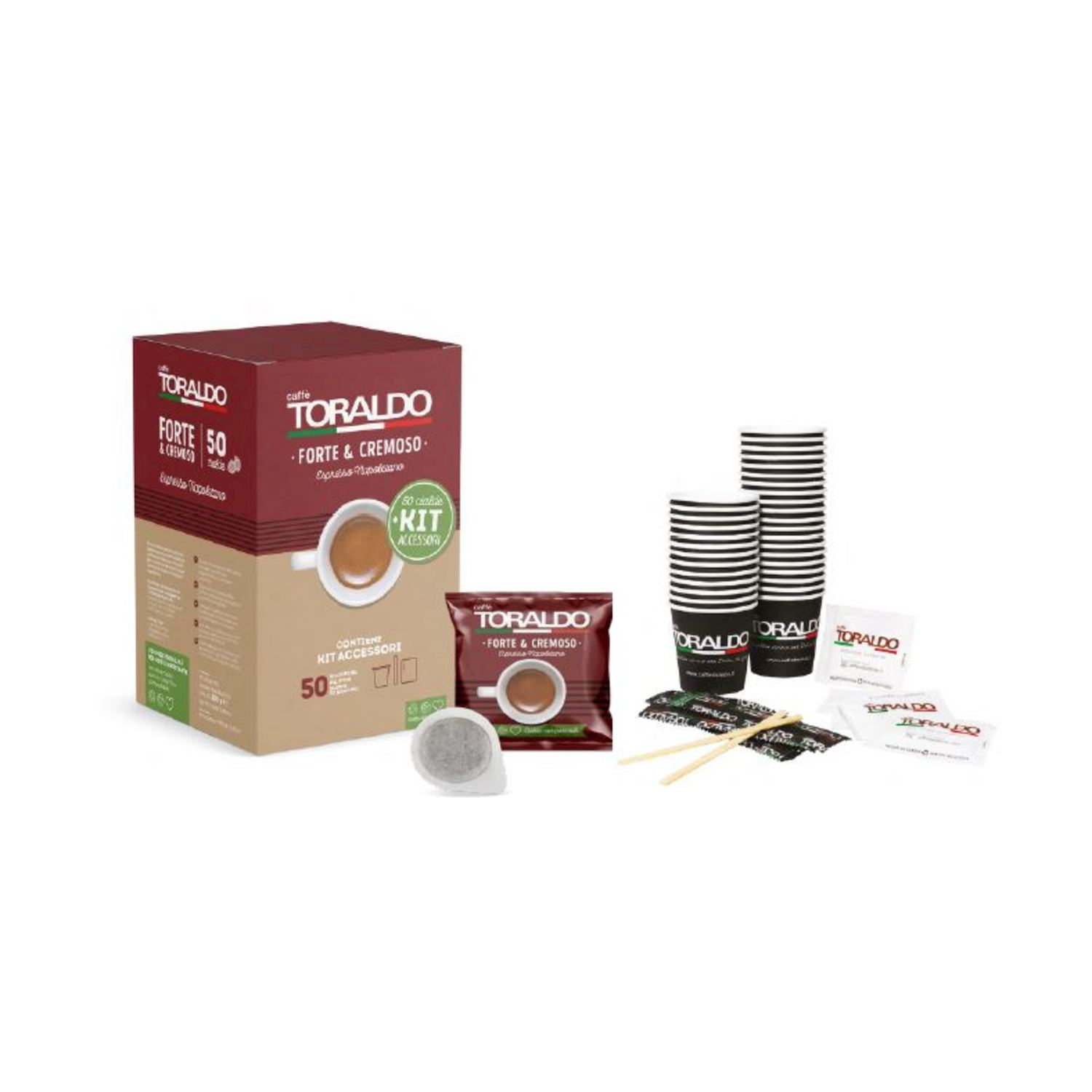 Kit caffè Toraldo: scatola da 50 cialde, bustina caffè, bicchieri, zucchero e palette.
