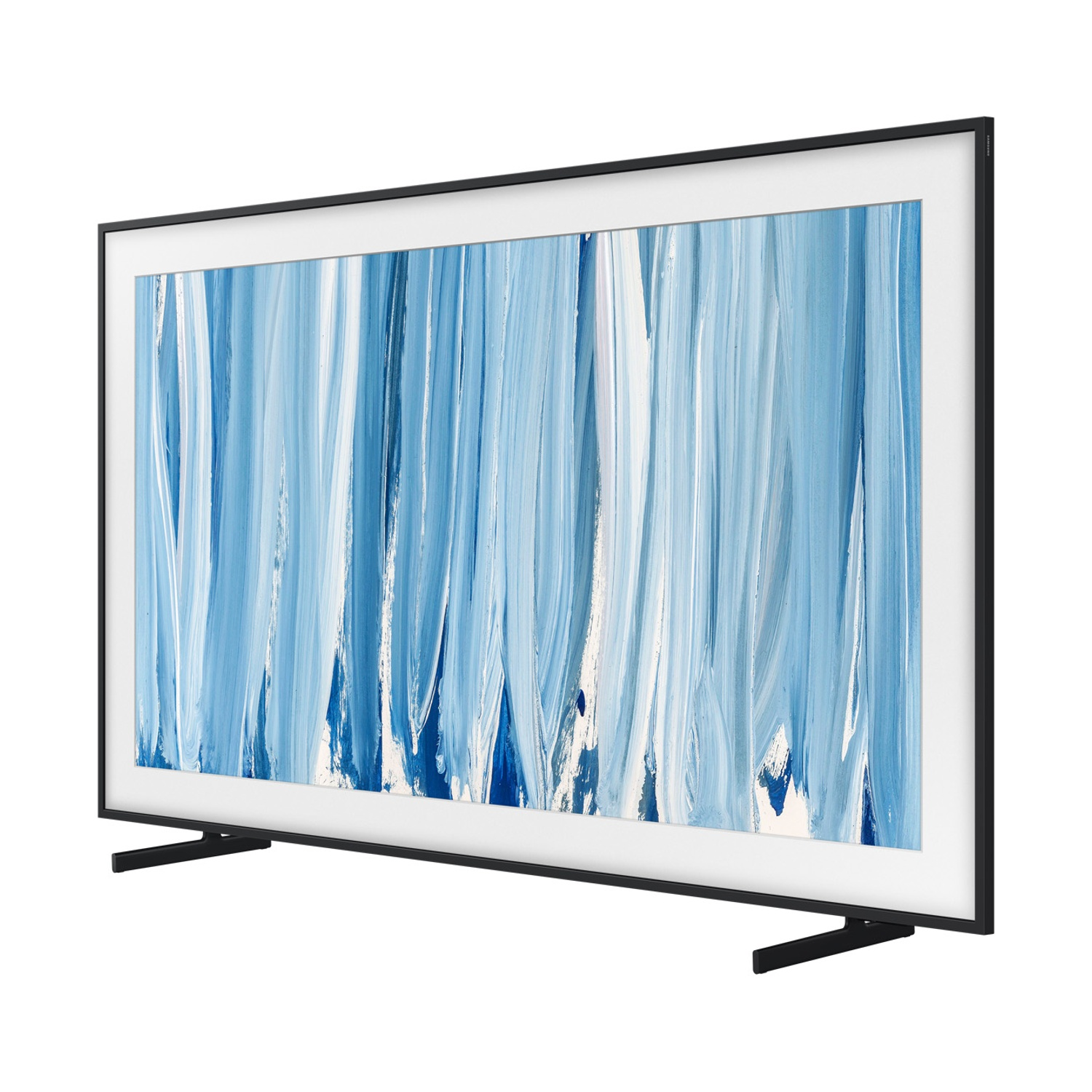 Un televisore moderno che mostra un dipinto astratto blu e bianco.