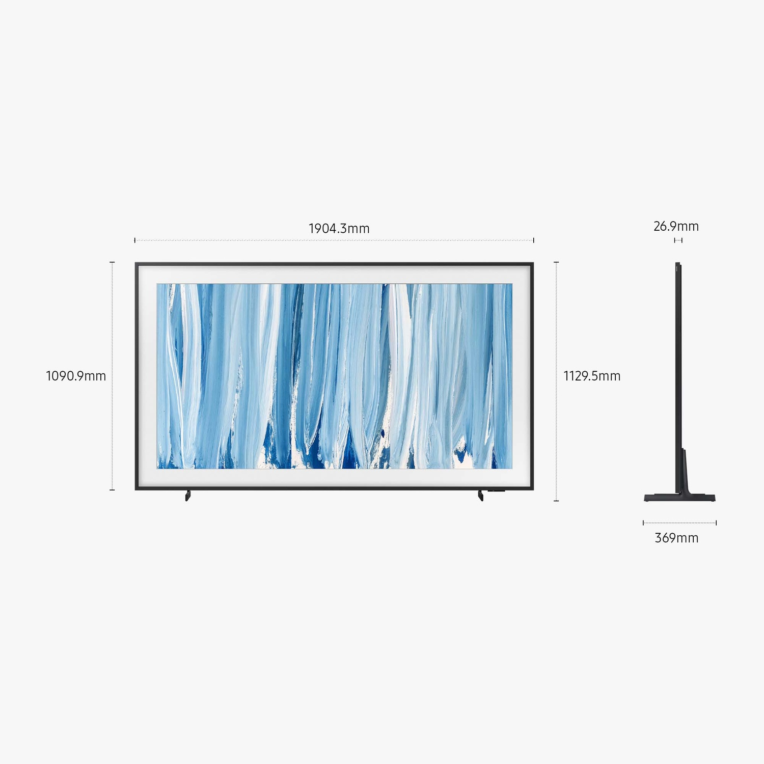 Una grande TV con un dipinto astratto blu e le sue dimensioni.