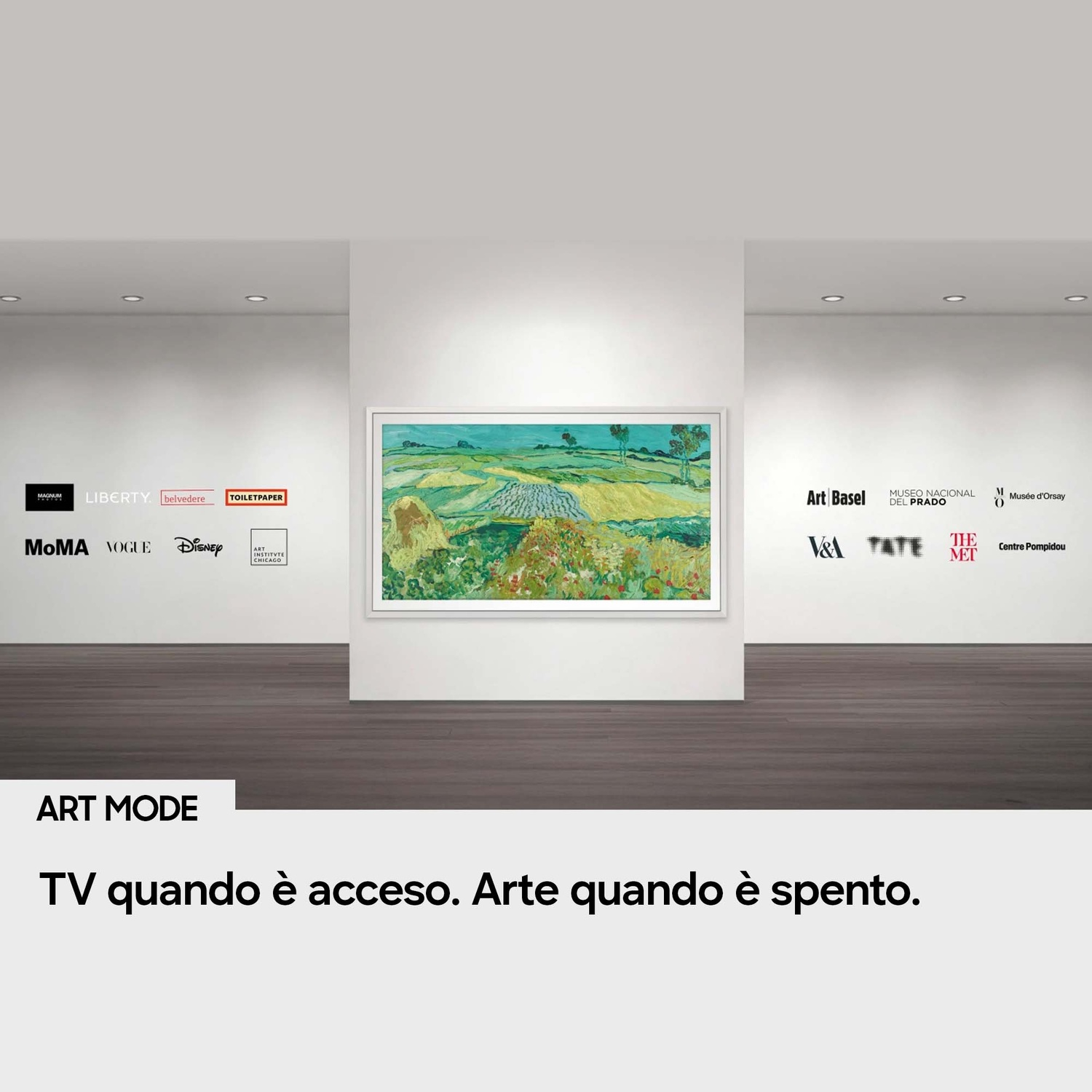 Un quadro di Van Gogh è appeso a un muro con loghi di musei e marchi.