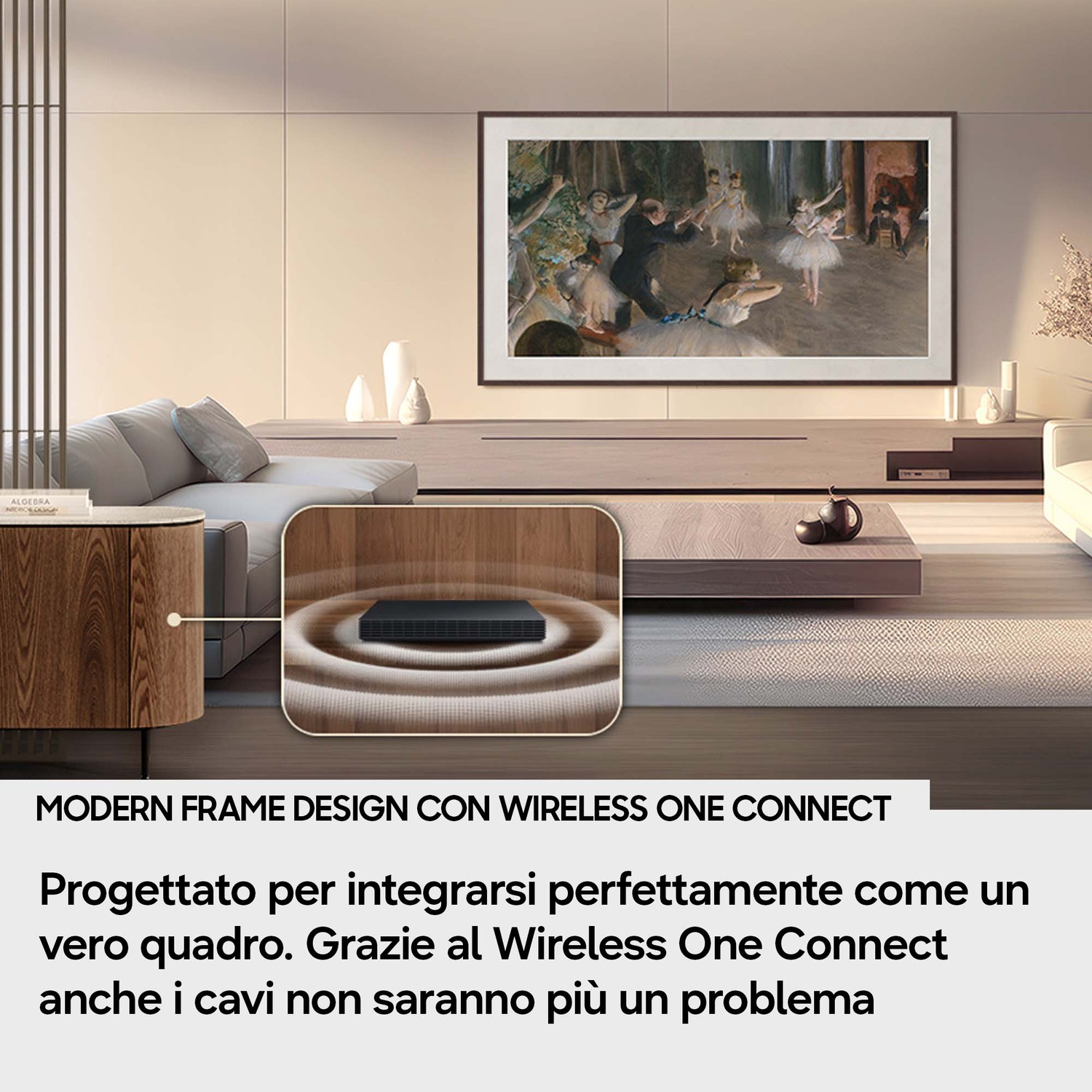 Un soggiorno con un televisore moderno che sembra un quadro.