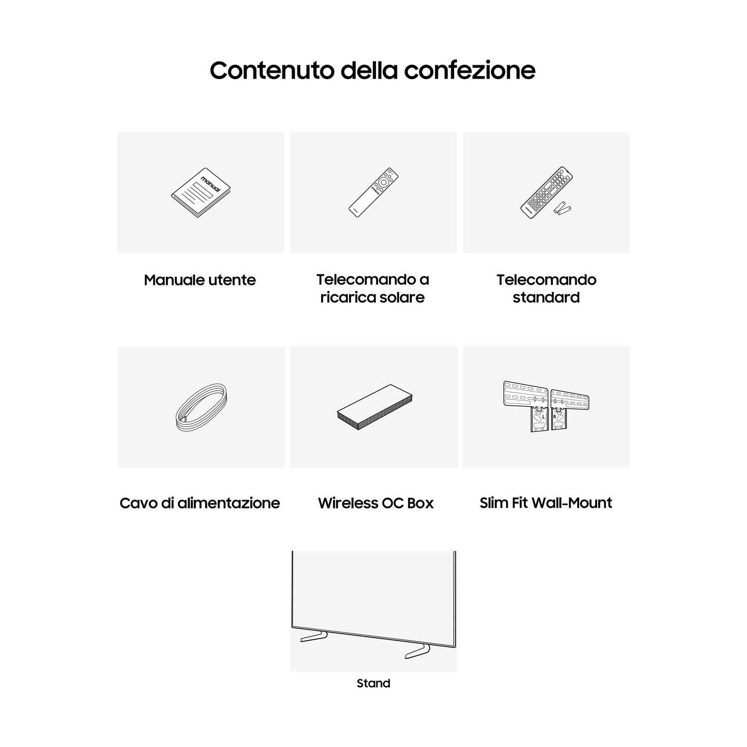 Contenuto della confezione: Manuale, telecomando solare, telecomando standard, cavo alimentazione, box OC, staffa a muro, stand.