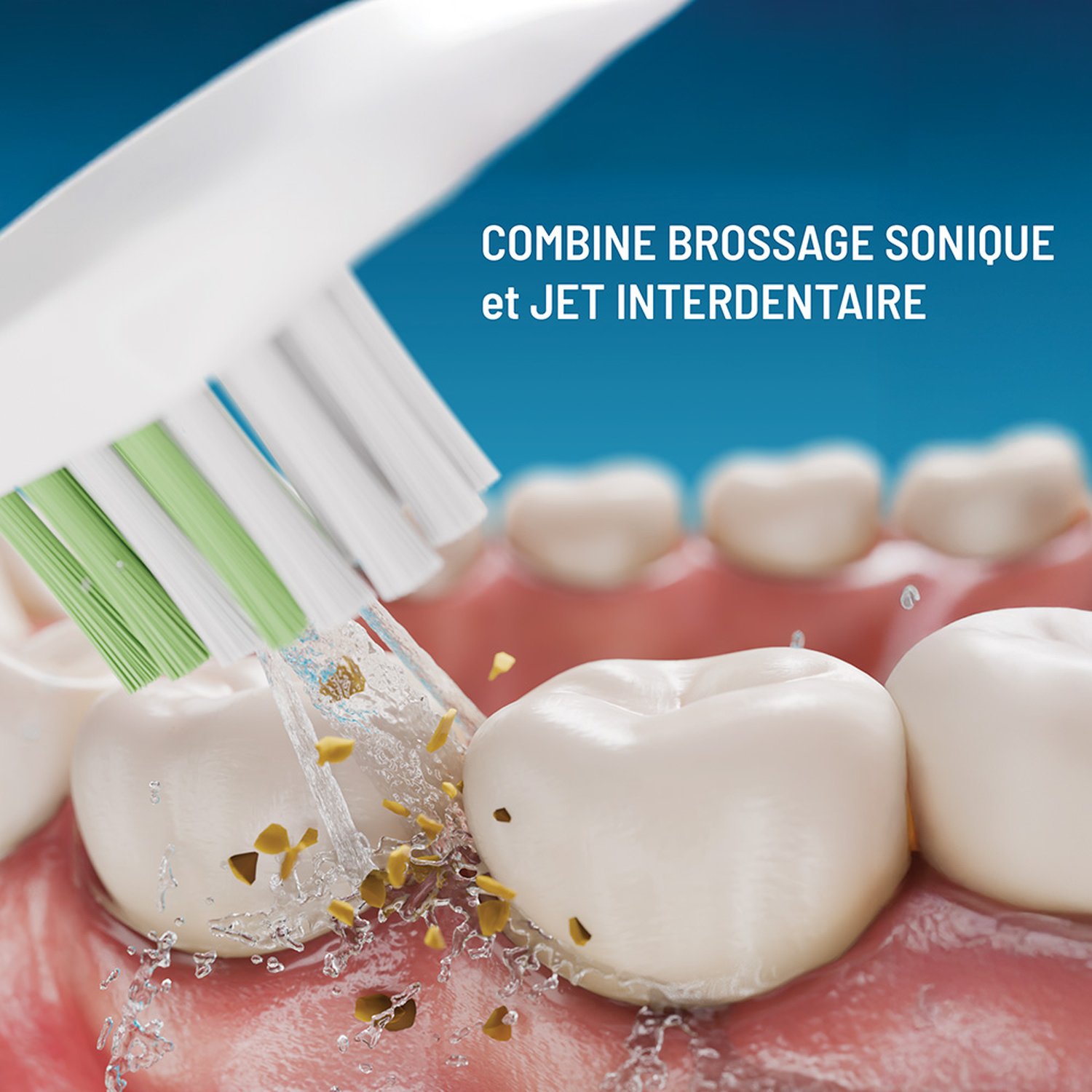 Sonic toothbrush head cleans teeth, removing debris with water spray.
