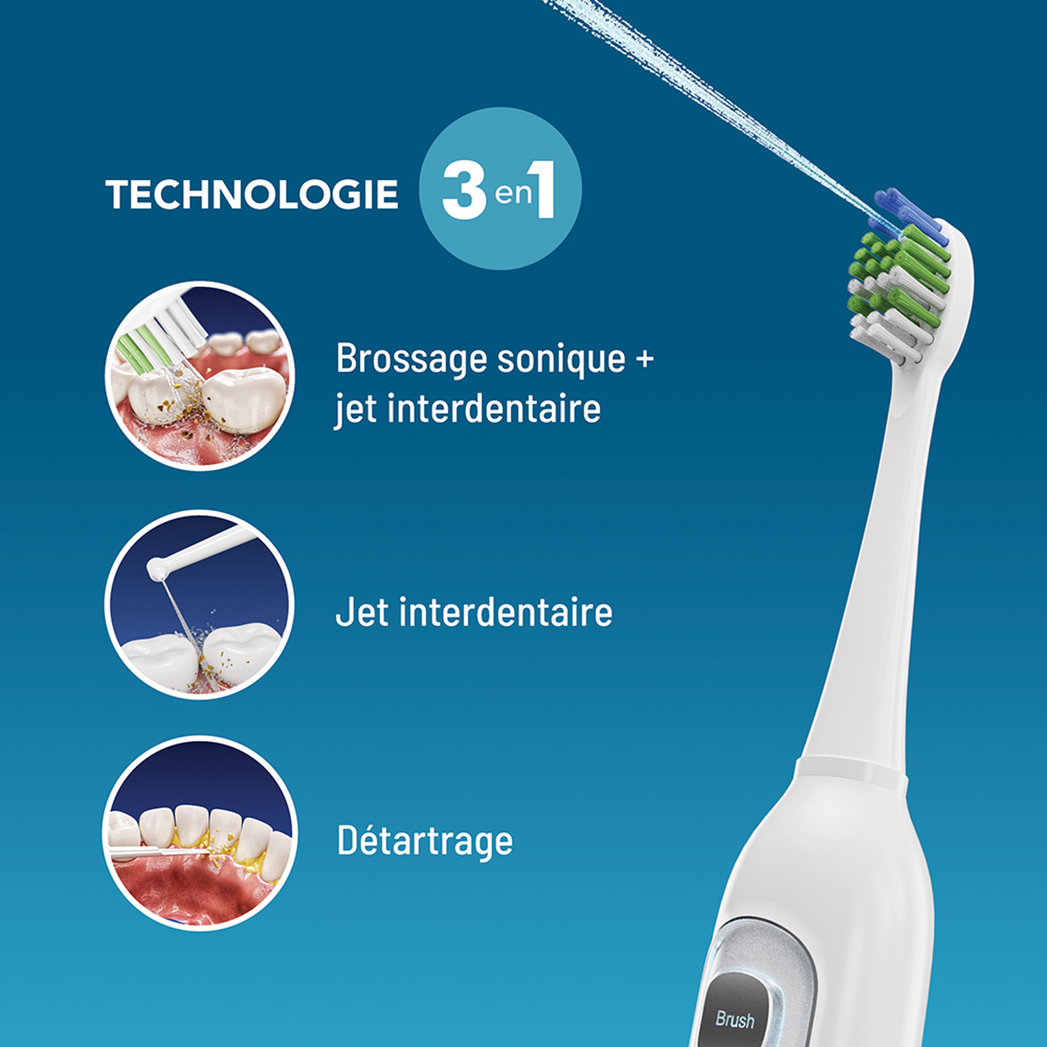 Electric toothbrush with 3 functions: sonic brushing, water flossing, and plaque removal.