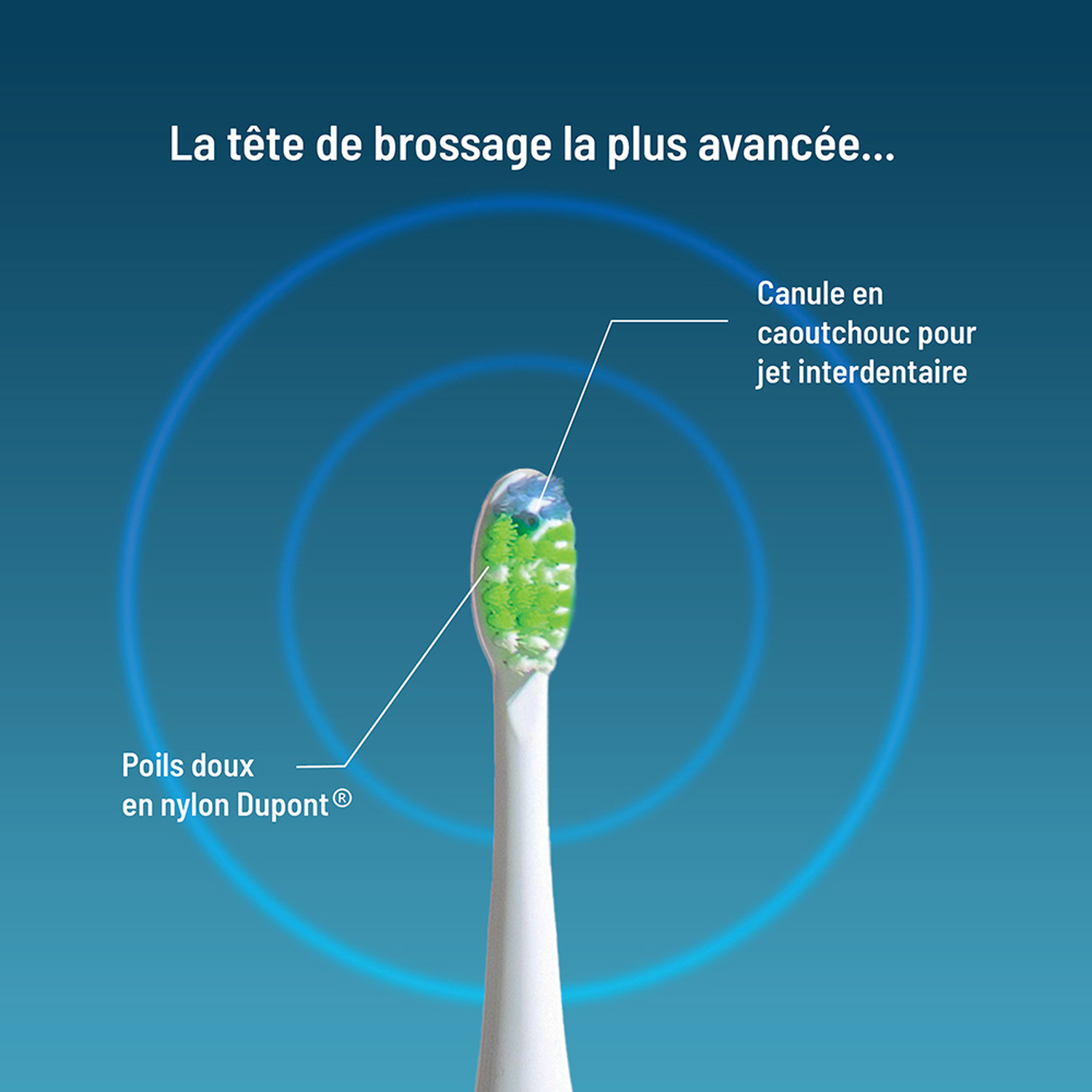 Advanced brush head with soft DuPont bristles and rubber nozzle for interdental jets.