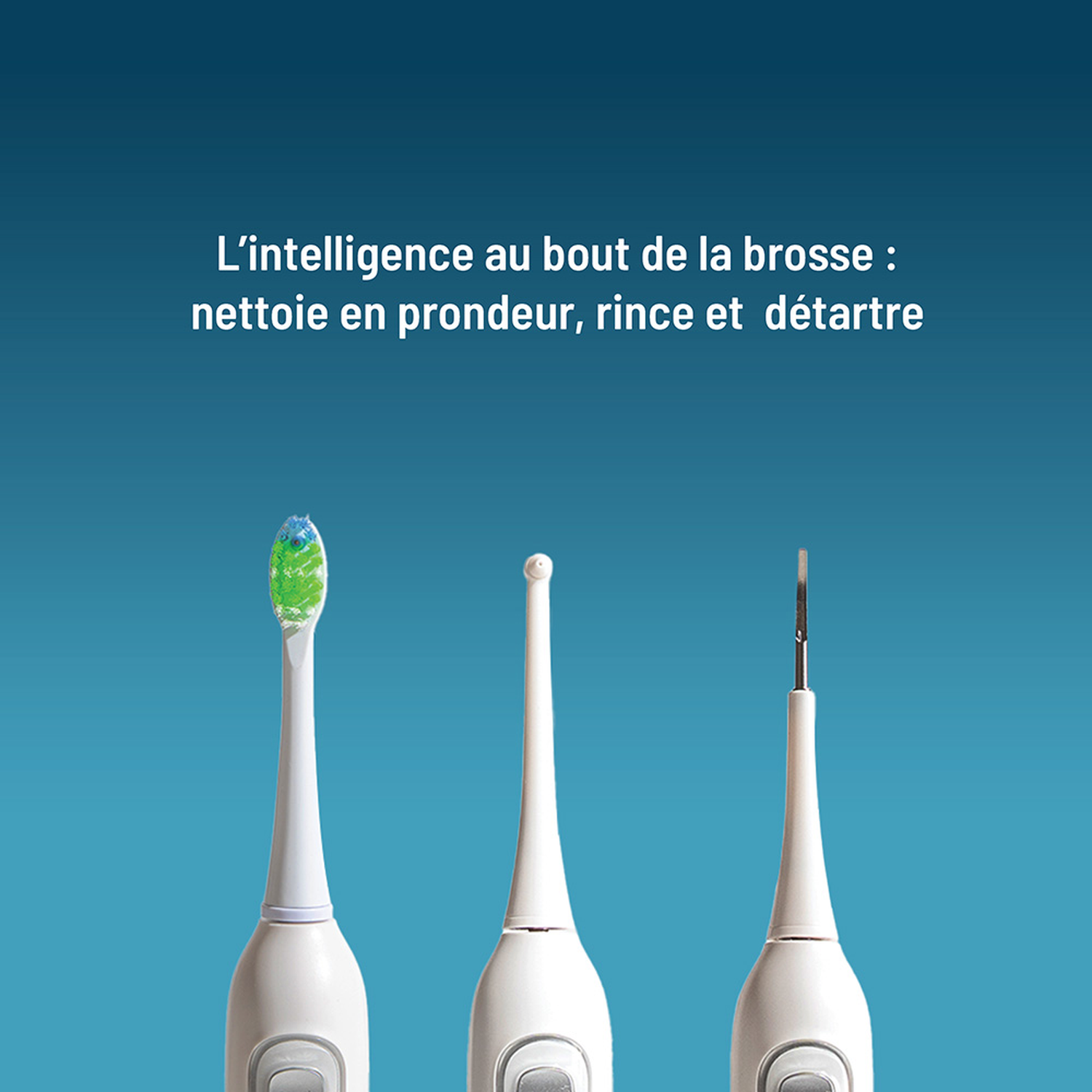 Three white electric toothbrush heads with blue and green bristles on a blue background.