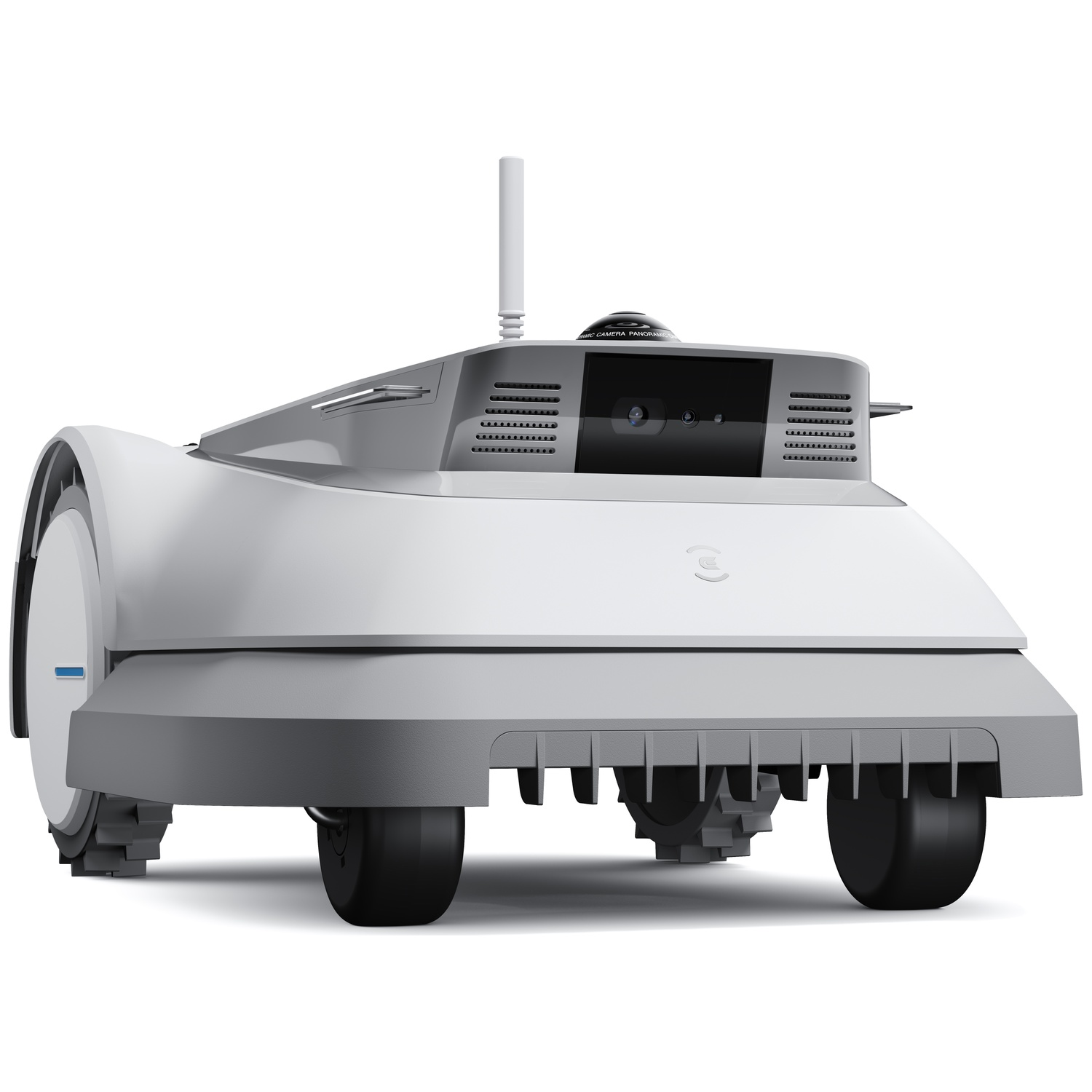 A white, futuristic robot with a camera and antenna, on a white background.