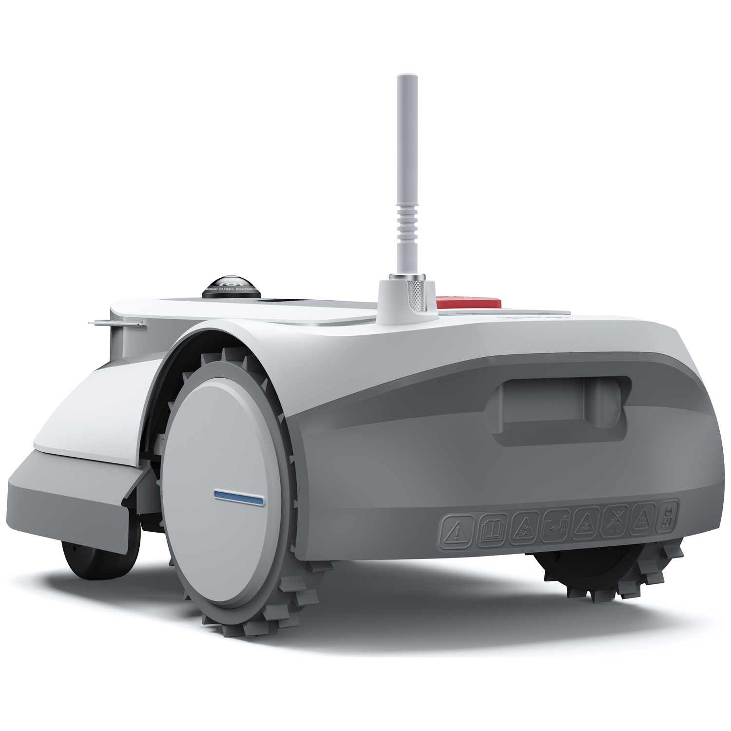 A white and gray robotic lawn mower with an antenna and cameras on a white background.