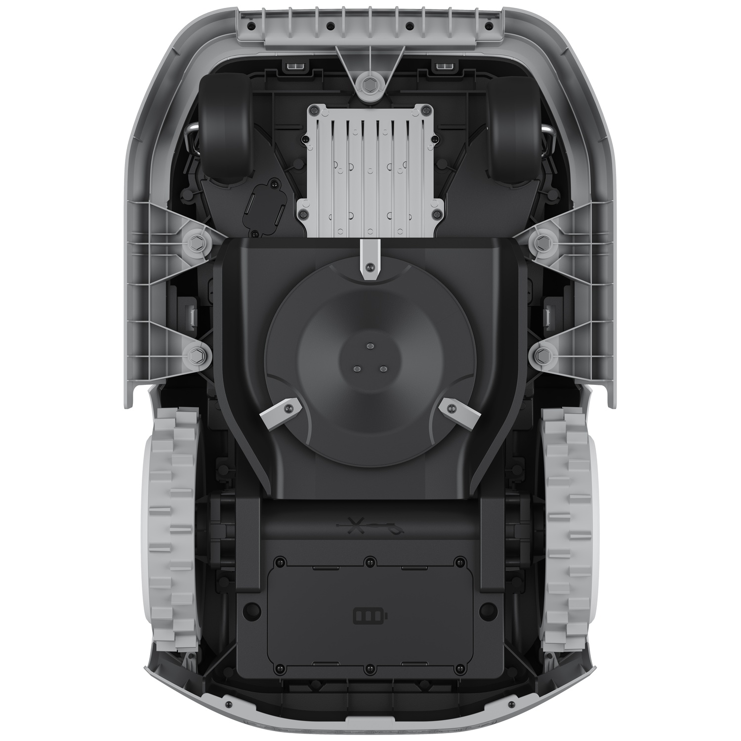 Underside of a robotic lawn mower showing wheels, motor, and cutting mechanism.
