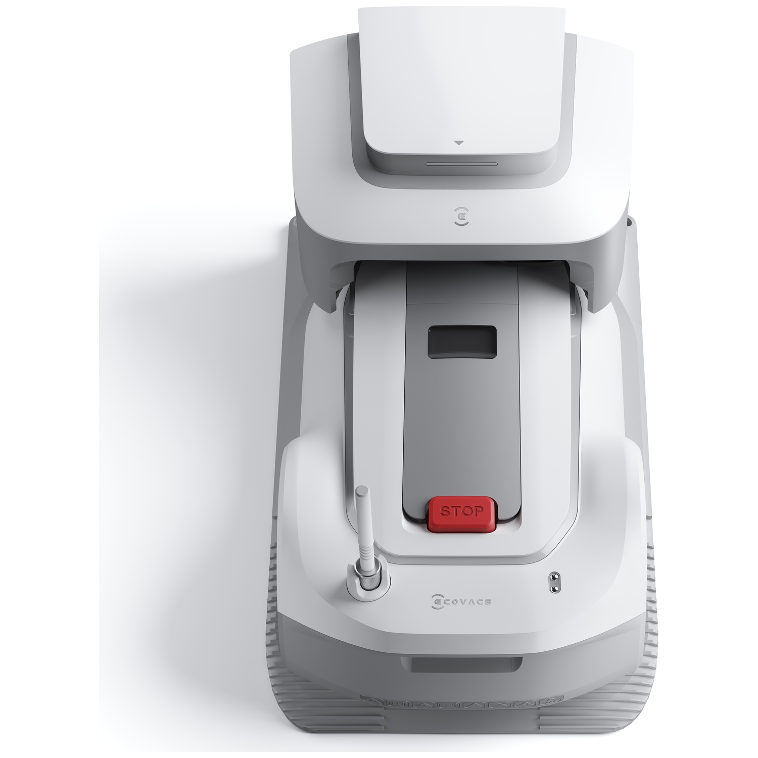 A white and gray robot vacuum with a red stop button.