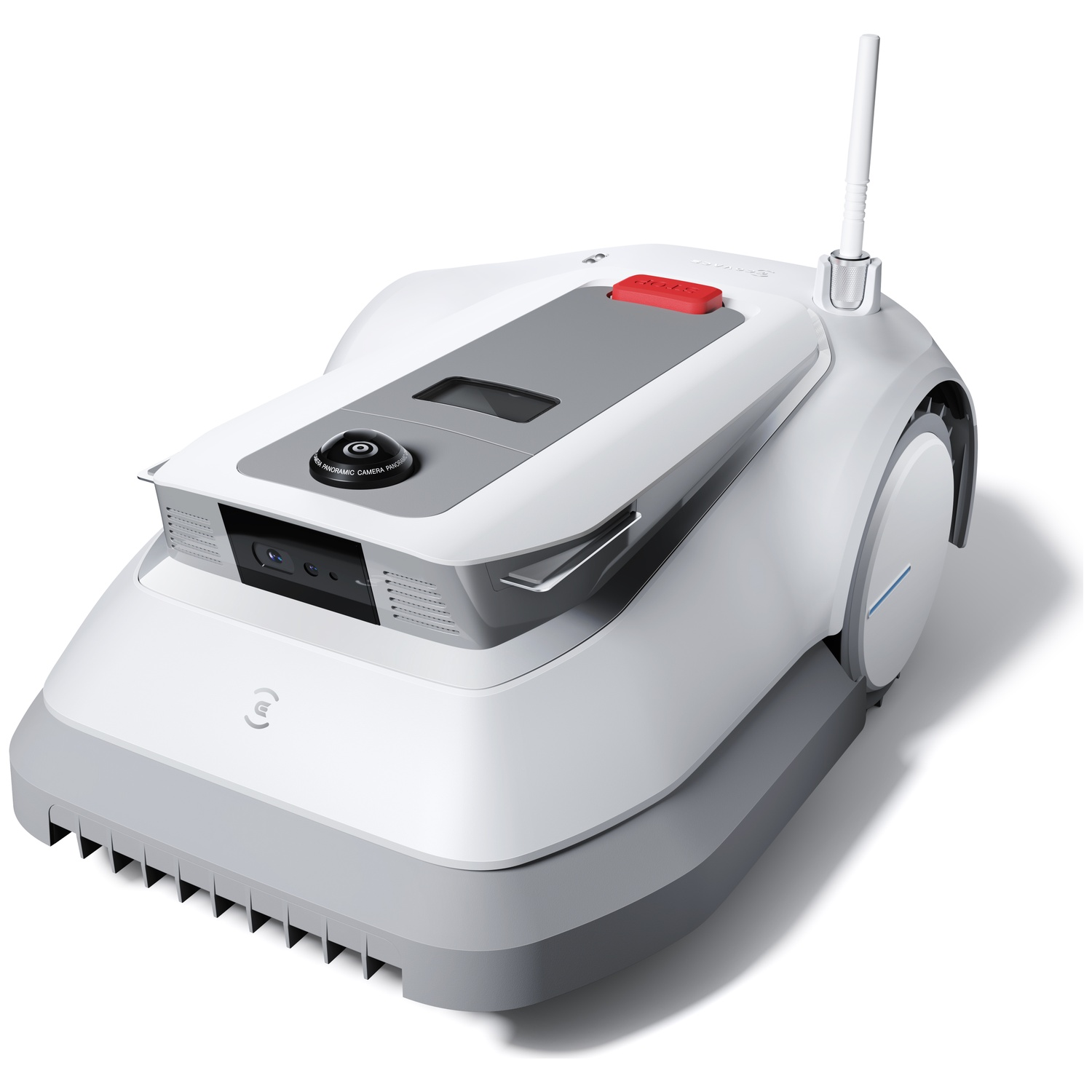 A white lawn mower robot with a red button, camera, and antenna.