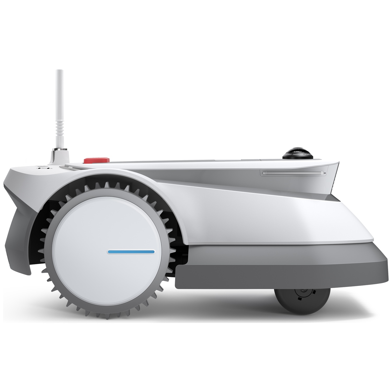 A white robotic lawnmower with a large textured wheel on the left.