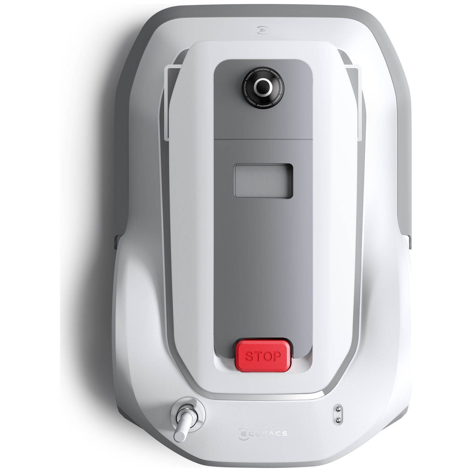 A white and gray window cleaning robot with a red stop button, camera, and handle.