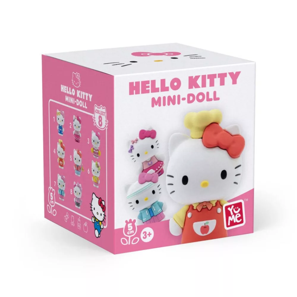 Hello Kitty mini-baba csomagolás, babagyűjteménnyel és szakács Hello Kittyvel.