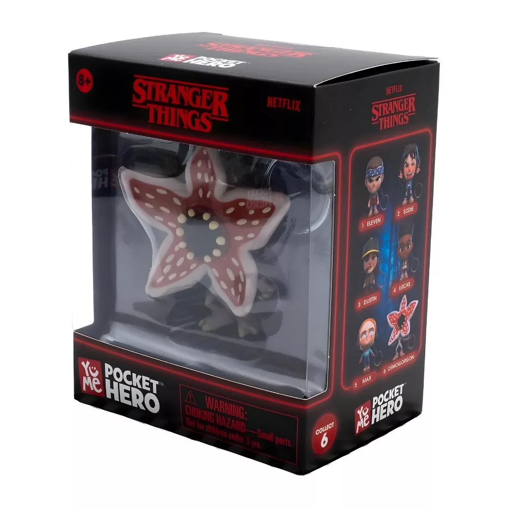 Stranger Things Pocket Hero Demogorgon figura ablakos dobozban, karakter illusztrációkkal.