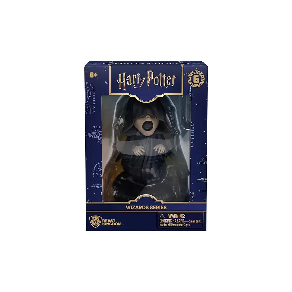 Harry Potter figura egy "Wizards Series" feliratú dobozban, figyelmeztetéssel.