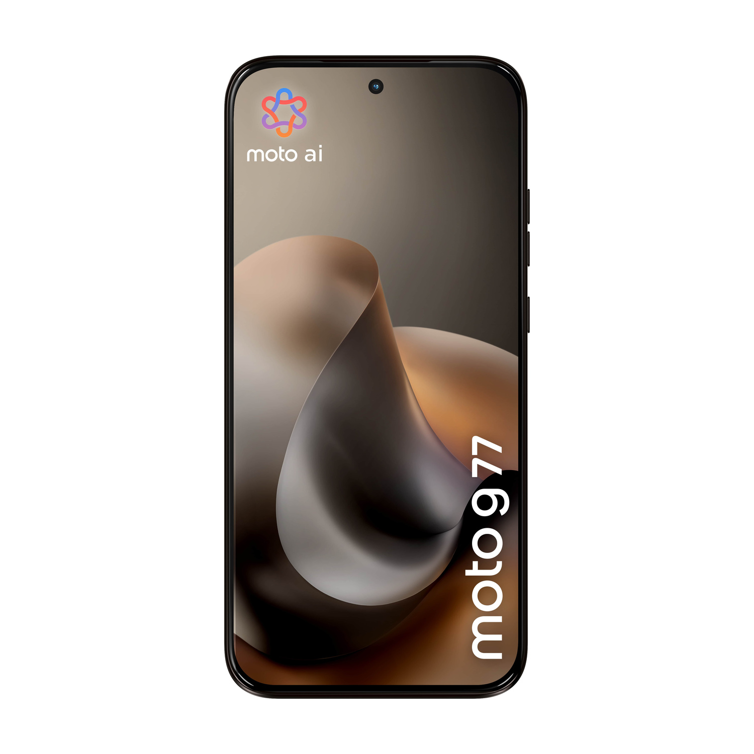 Uno smartphone con il logo Moto AI e il testo 'moto 9 77'.