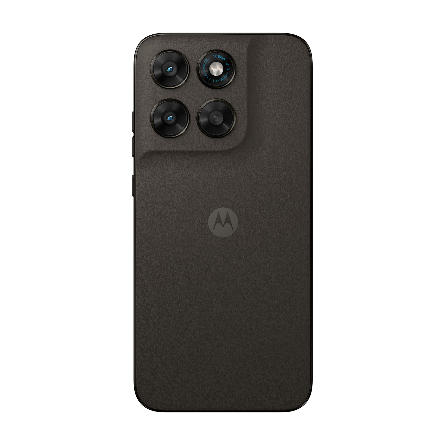Retro smartphone Motorola grigio scuro con quattro fotocamere e logo.