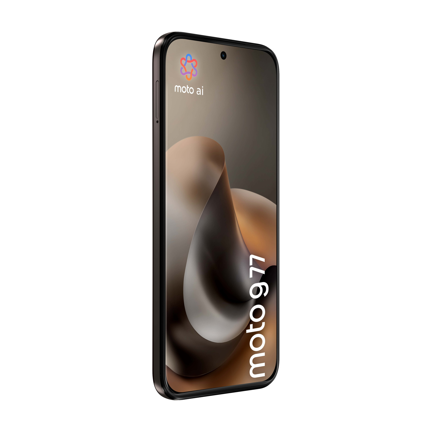 Uno smartphone nero con testo "moto 977" e logo colorato.
