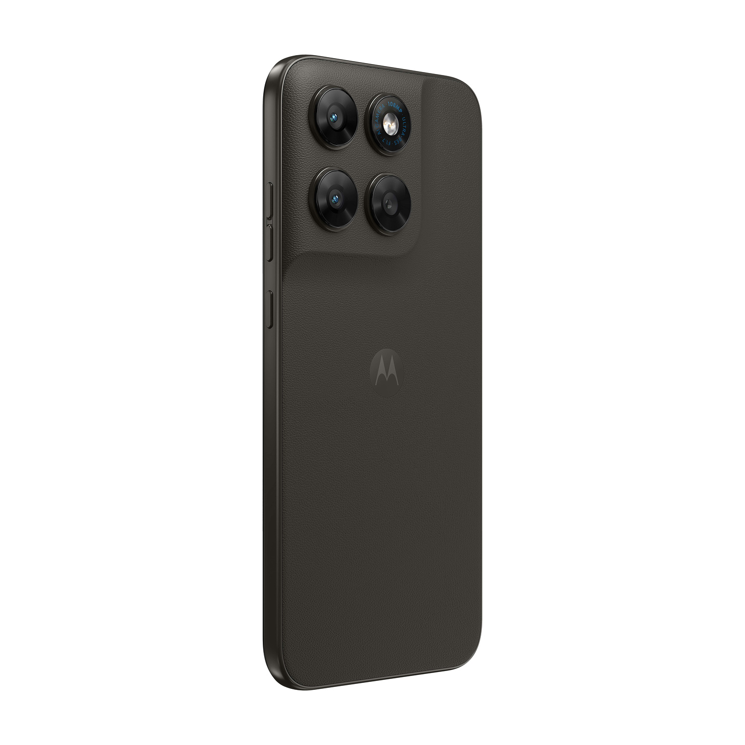 Mostrato uno smartphone grigio scuro con retro testurizzato e configurazione quad-camera.