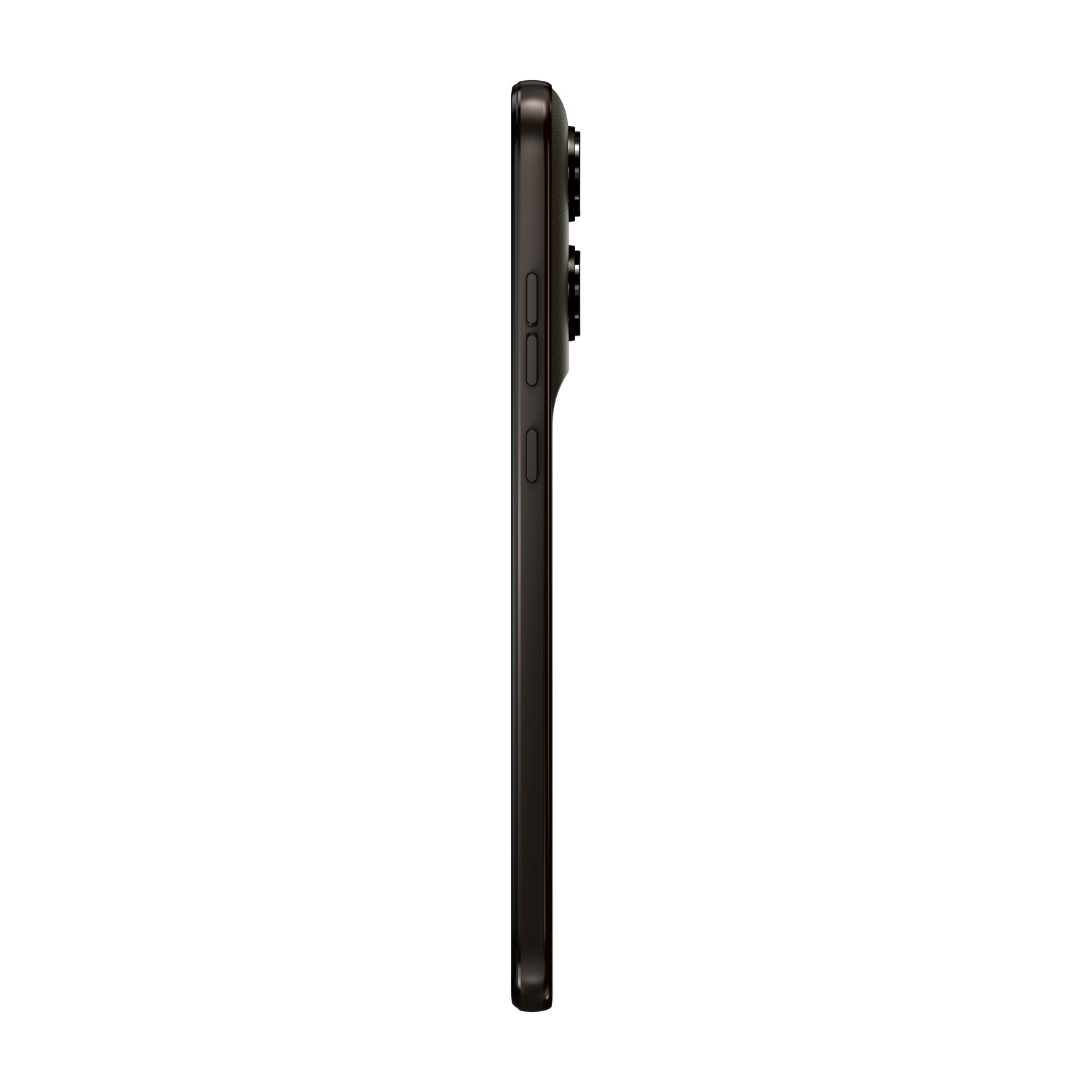 Smartphone scuro visto di lato, con fotocamere e pulsanti visibili.