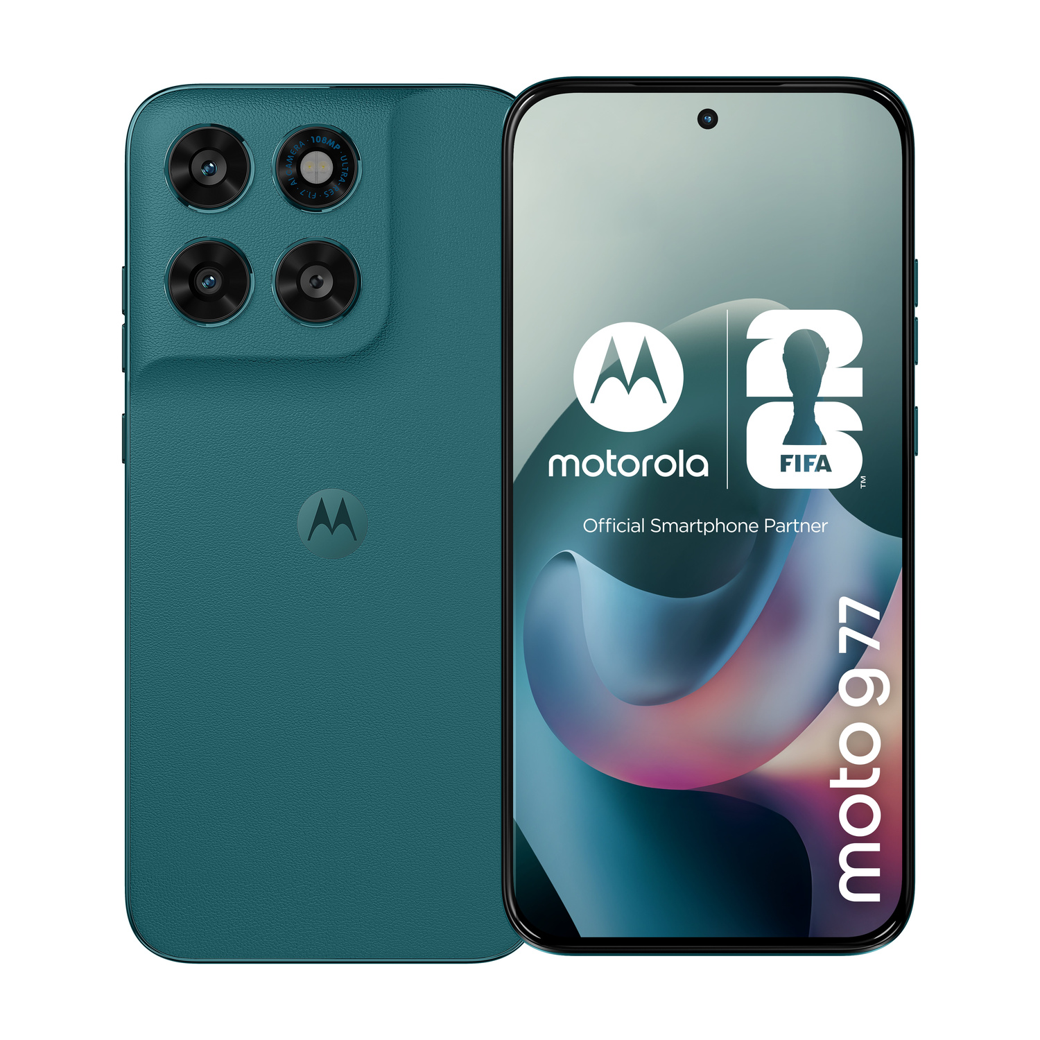 Un Motorola Moto G 77 verde acqua con quattro fotocamere posteriori e logo FIFA.