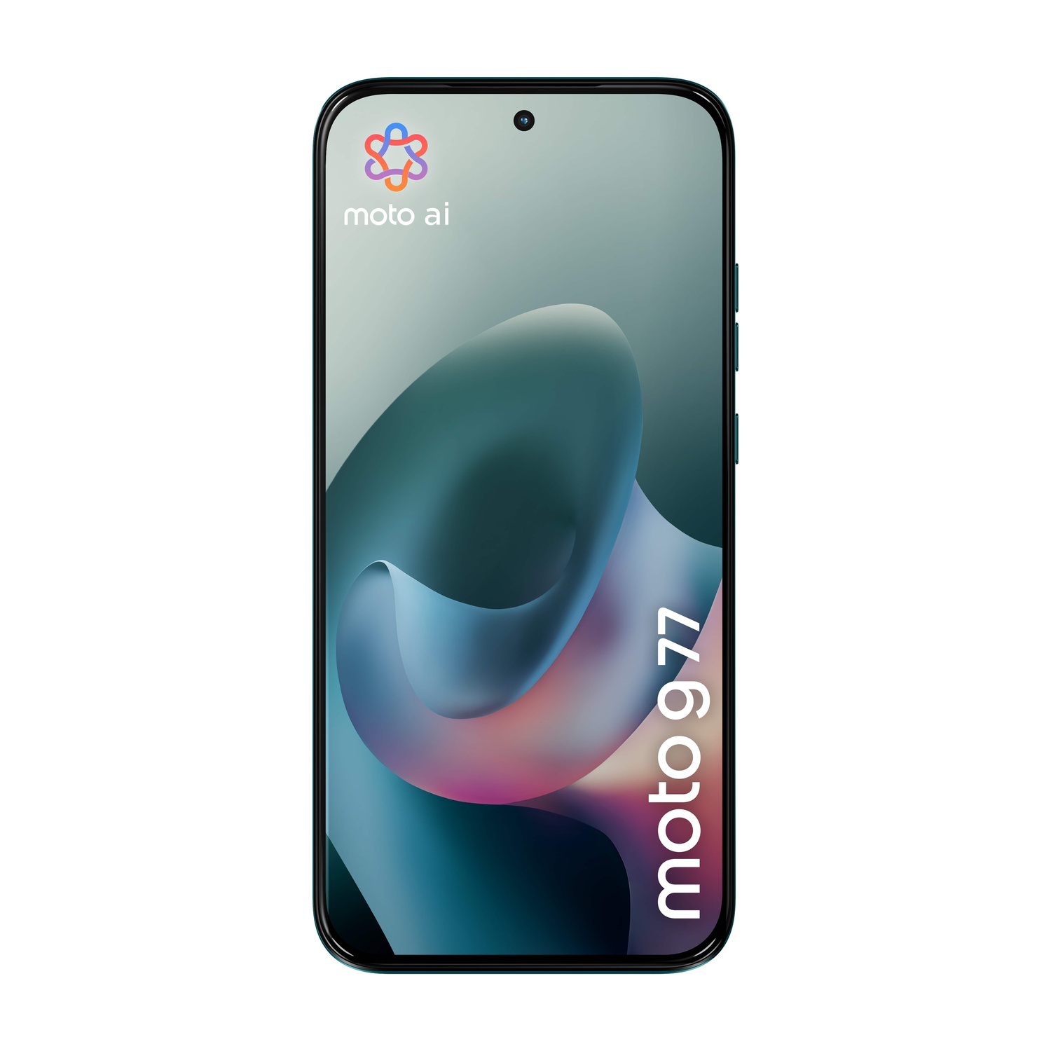 Uno smartphone scuro con uno sfondo astratto e colorato e il logo "moto ai".