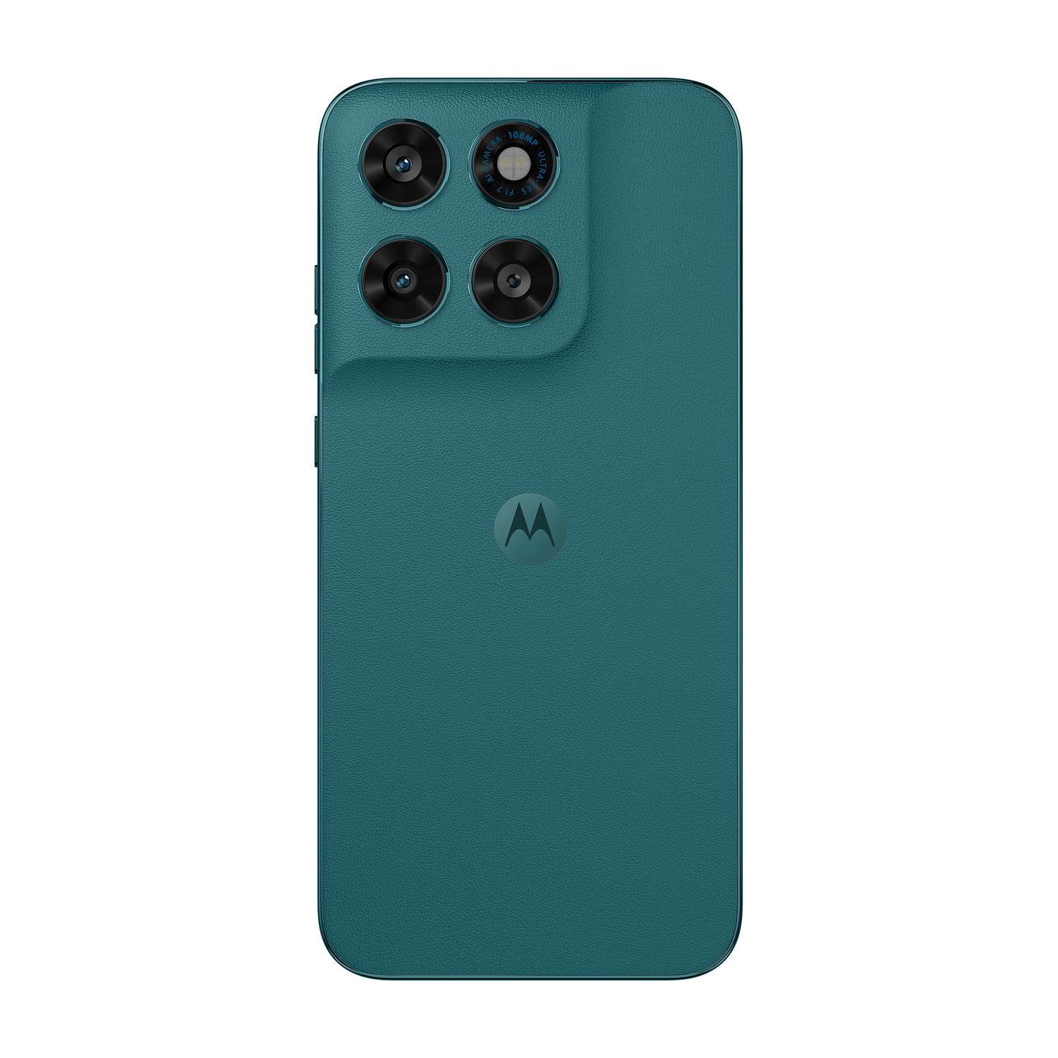 Retro di uno smartphone turchese con quattro fotocamere e logo Motorola.